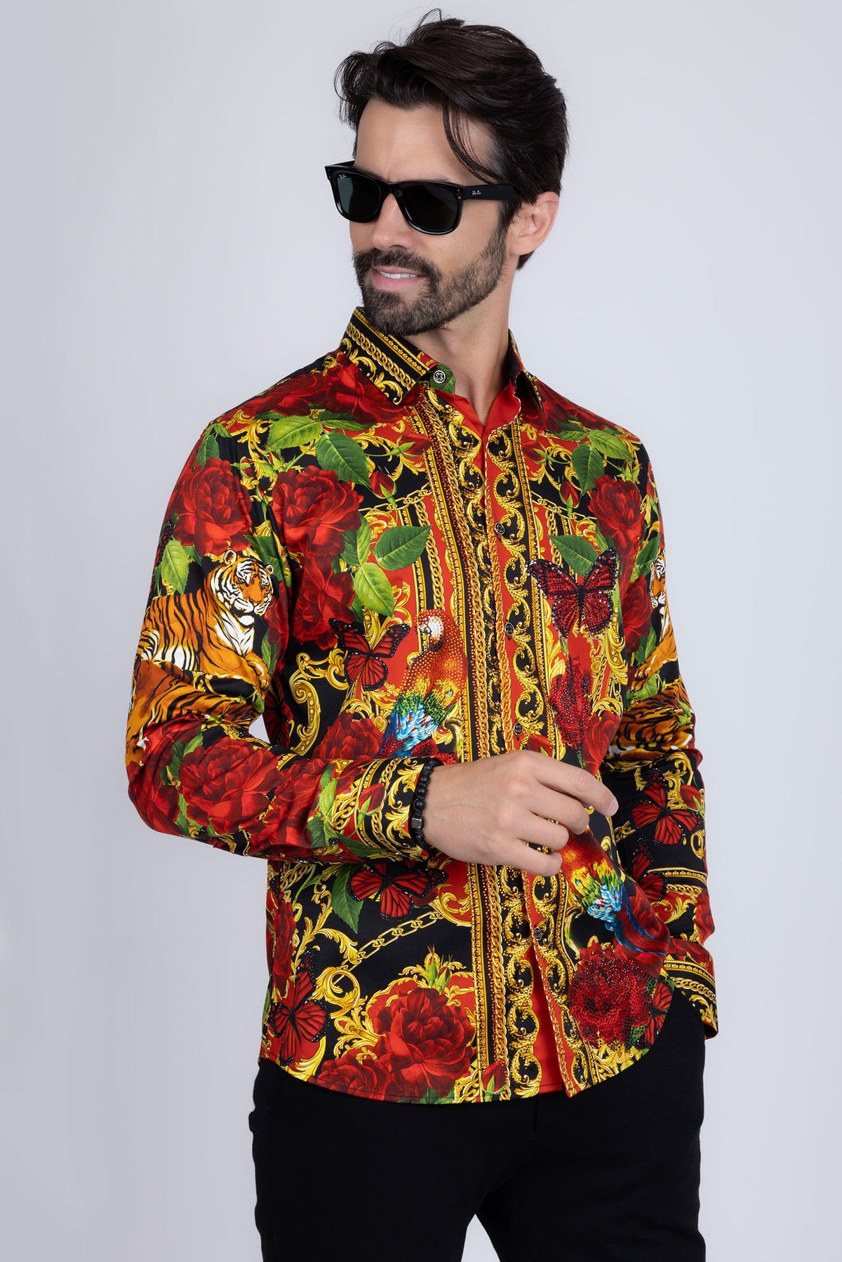 BARABAS Men's Rhinestone Tiger Floral Butterfly Luxury Shirt 2SPR224 Multi