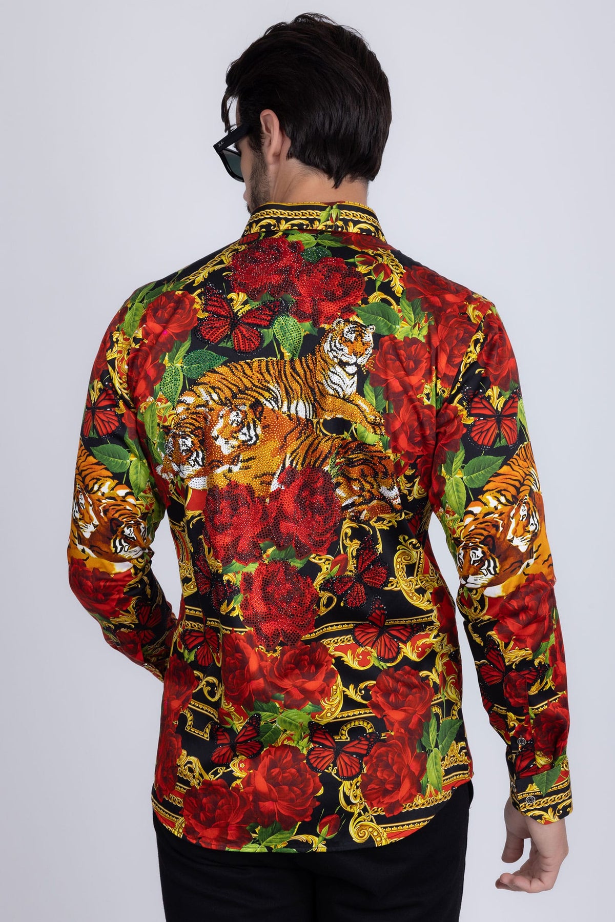BARABAS Men's Rhinestone Tiger Floral Butterfly Luxury Shirt 2SPR224 Multi