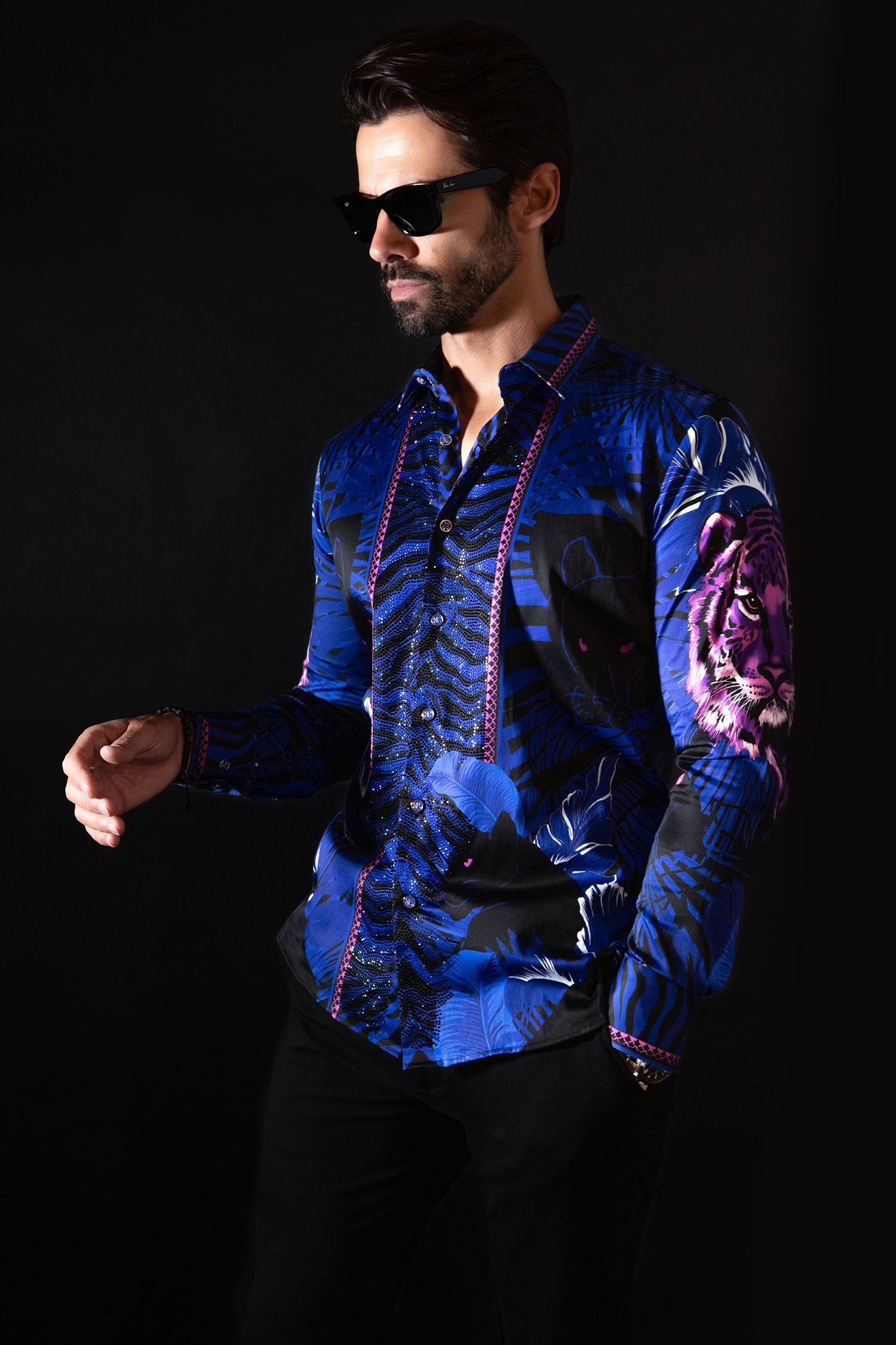 BARABAS Men's Rhinestone Leopard Floral Long Sleeves Shirt 2SPR225 Navy
