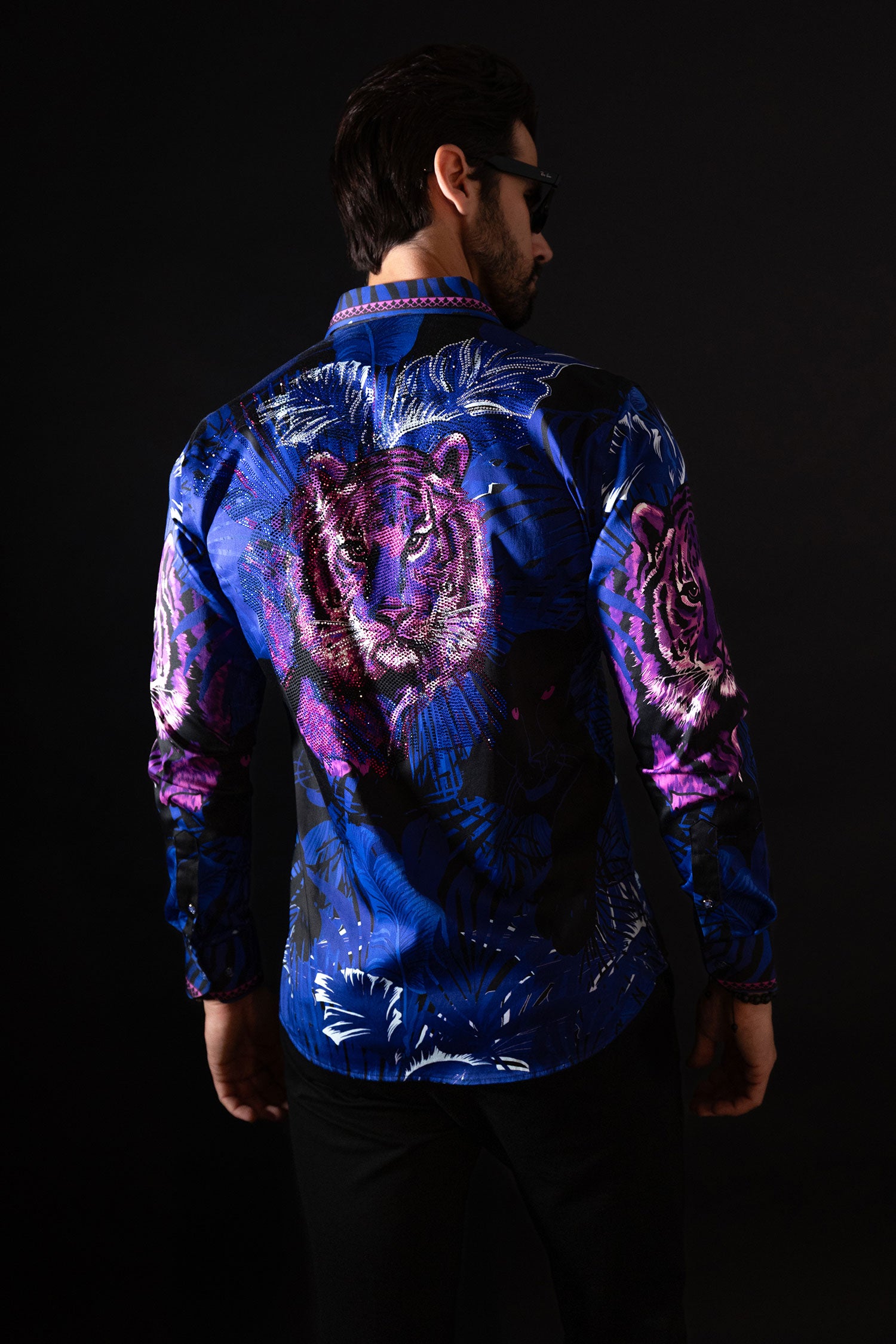 BARABAS Men's Rhinestone Leopard Floral Long Sleeves Shirt 2SPR225 Navy