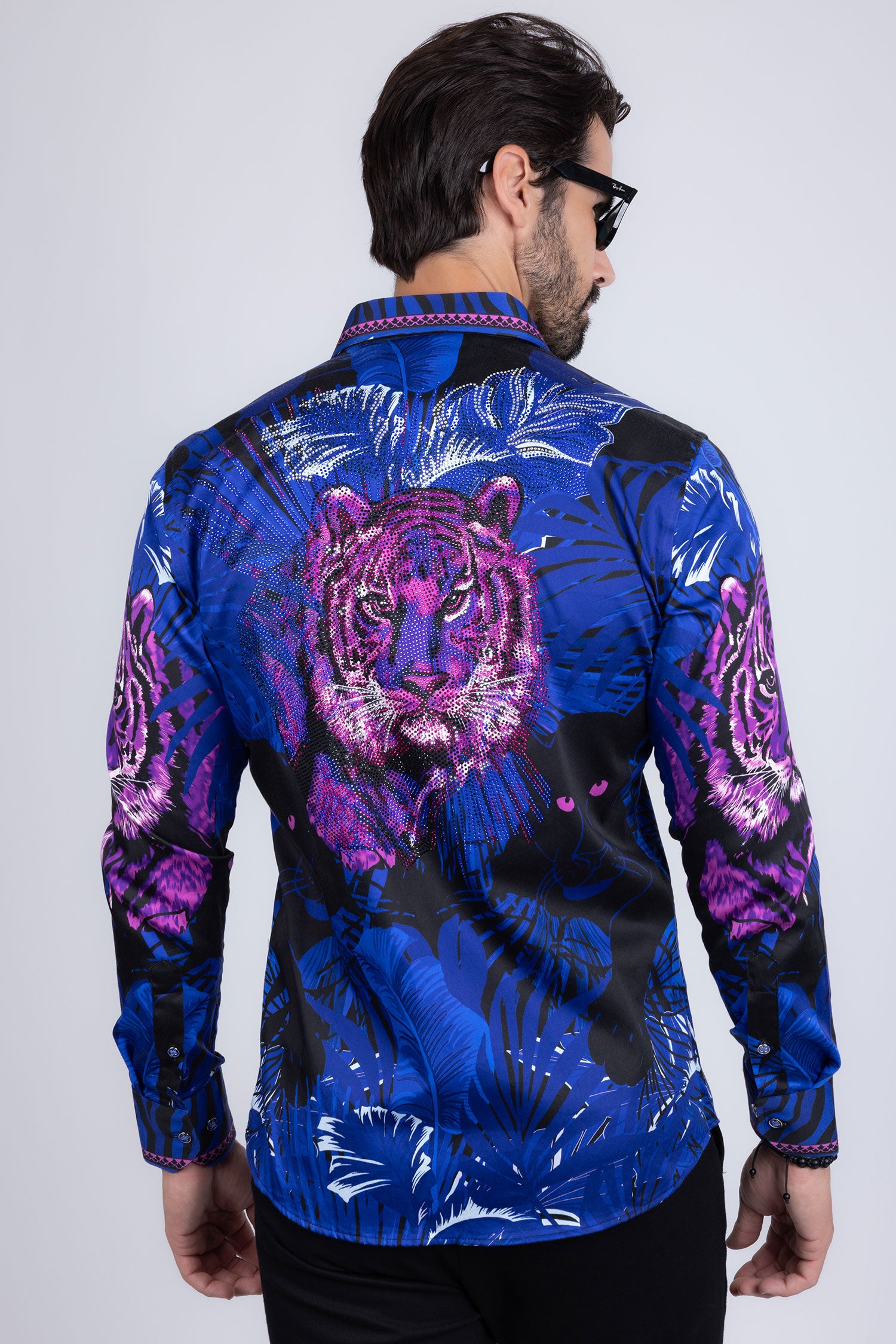 BARABAS Men's Rhinestone Leopard Floral Long Sleeves Shirt 2SPR225 Navy