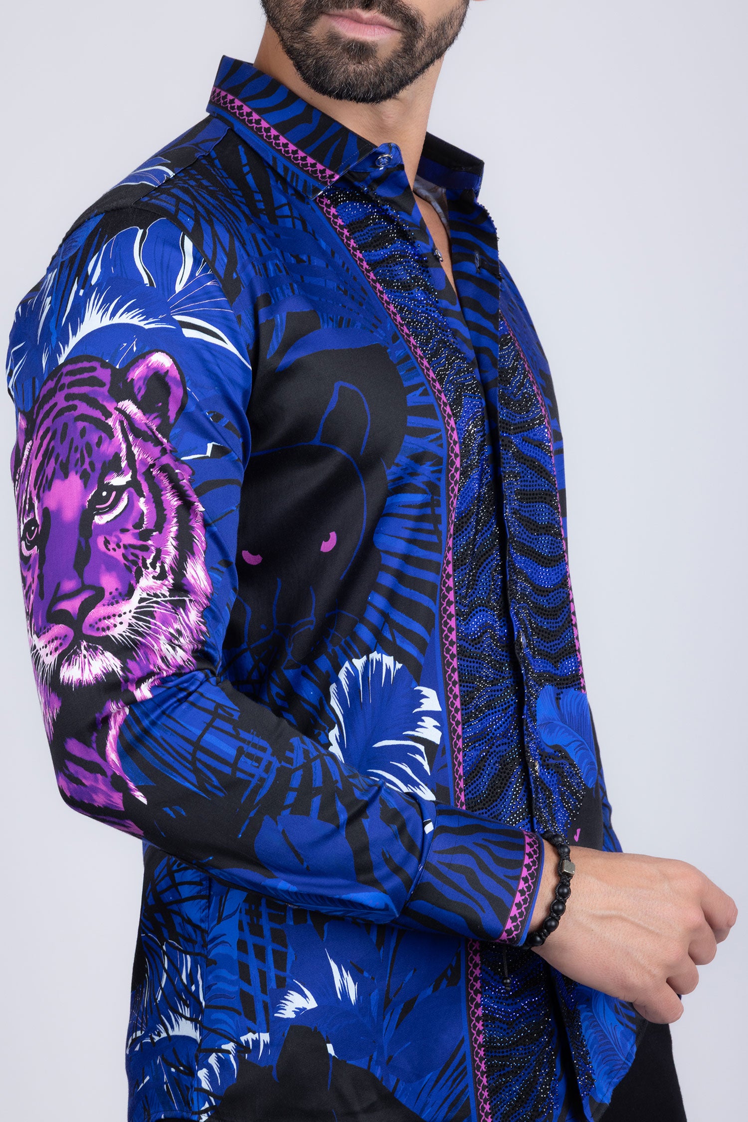 BARABAS Men's Rhinestone Leopard Floral Long Sleeves Shirt 2SPR225 Navy