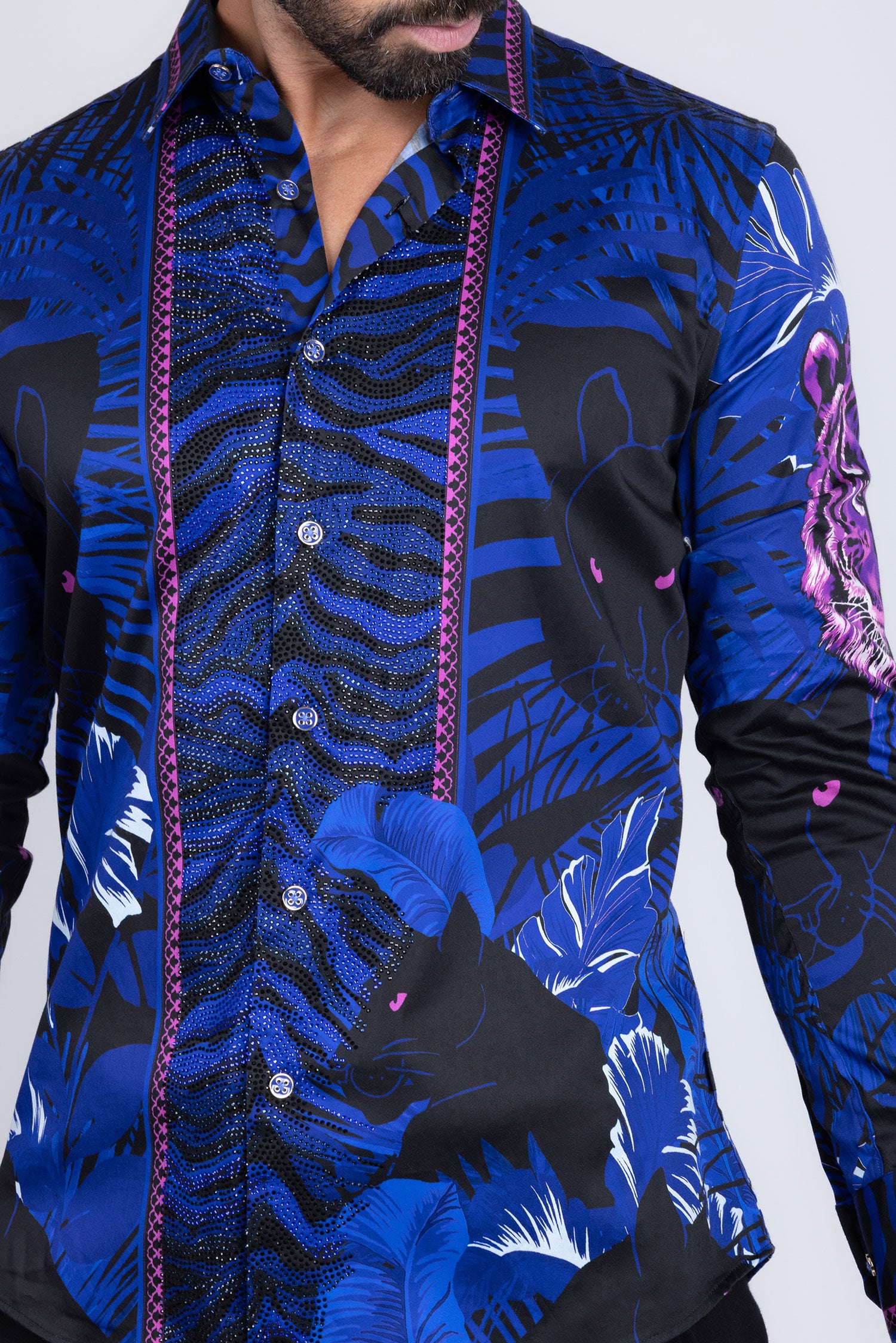 BARABAS Men's Rhinestone Leopard Floral Long Sleeves Shirt 2SPR225 Navy