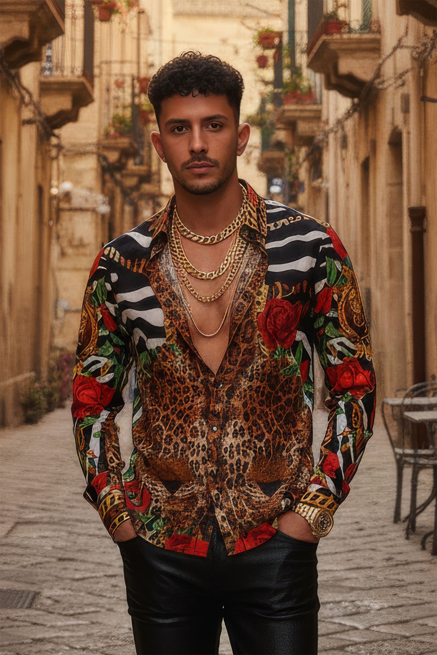 BARABAS Men's Rhinestone Leopard Floral Long Sleeves Shirt 2SPR227 Multi