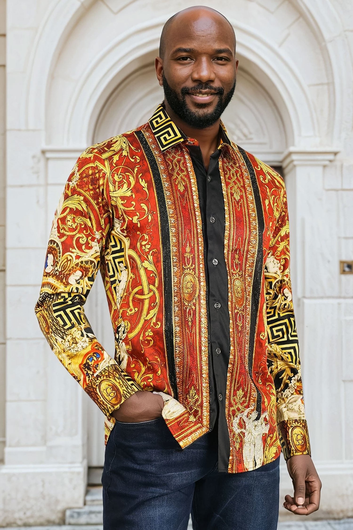 BARABAS Men's Rhinestone Angles Greek Pattern Crown Shirts 2SPR28