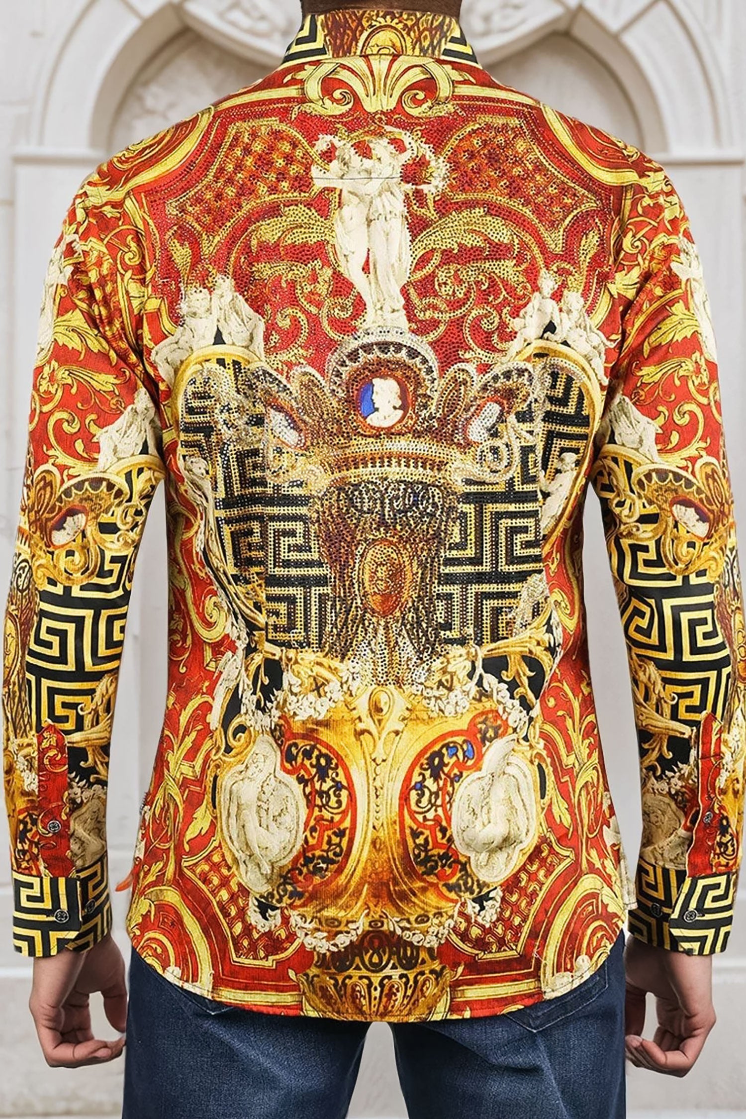 BARABAS Men's Rhinestone Angles Greek Pattern Crown Shirts 2SPR28