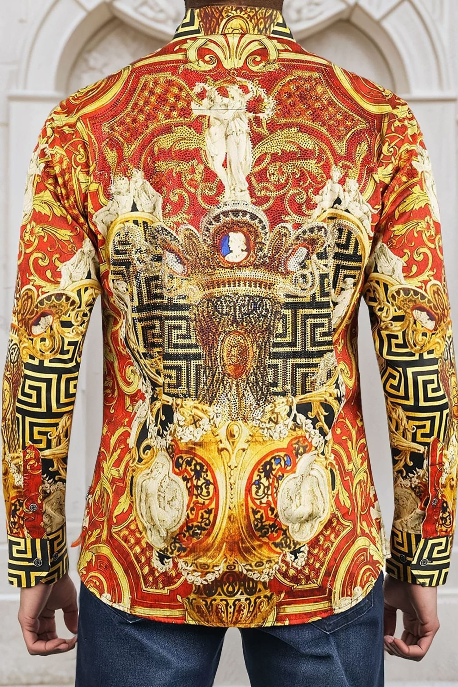 BARABAS Men's Rhinestone Angles Greek Pattern Crown Shirts 2SPR28