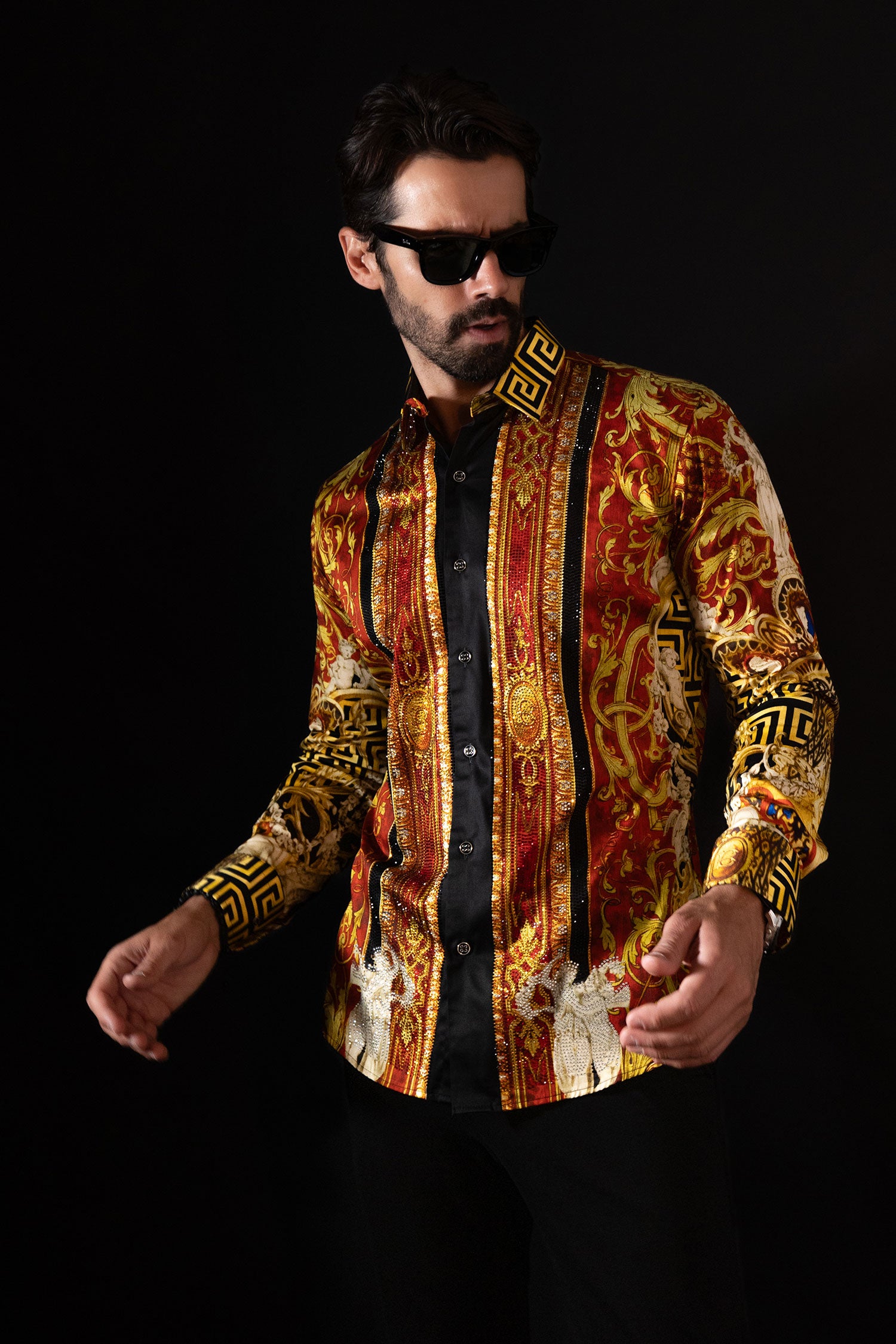 BARABAS Men's Rhinestone Angles Greek Pattern Crown Shirts 2SPR28