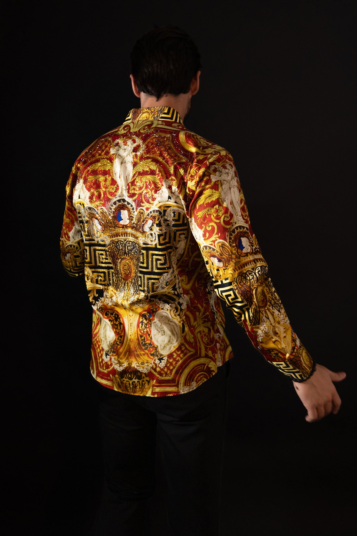BARABAS Men's Rhinestone Angles Greek Pattern Crown Shirts 2SPR28