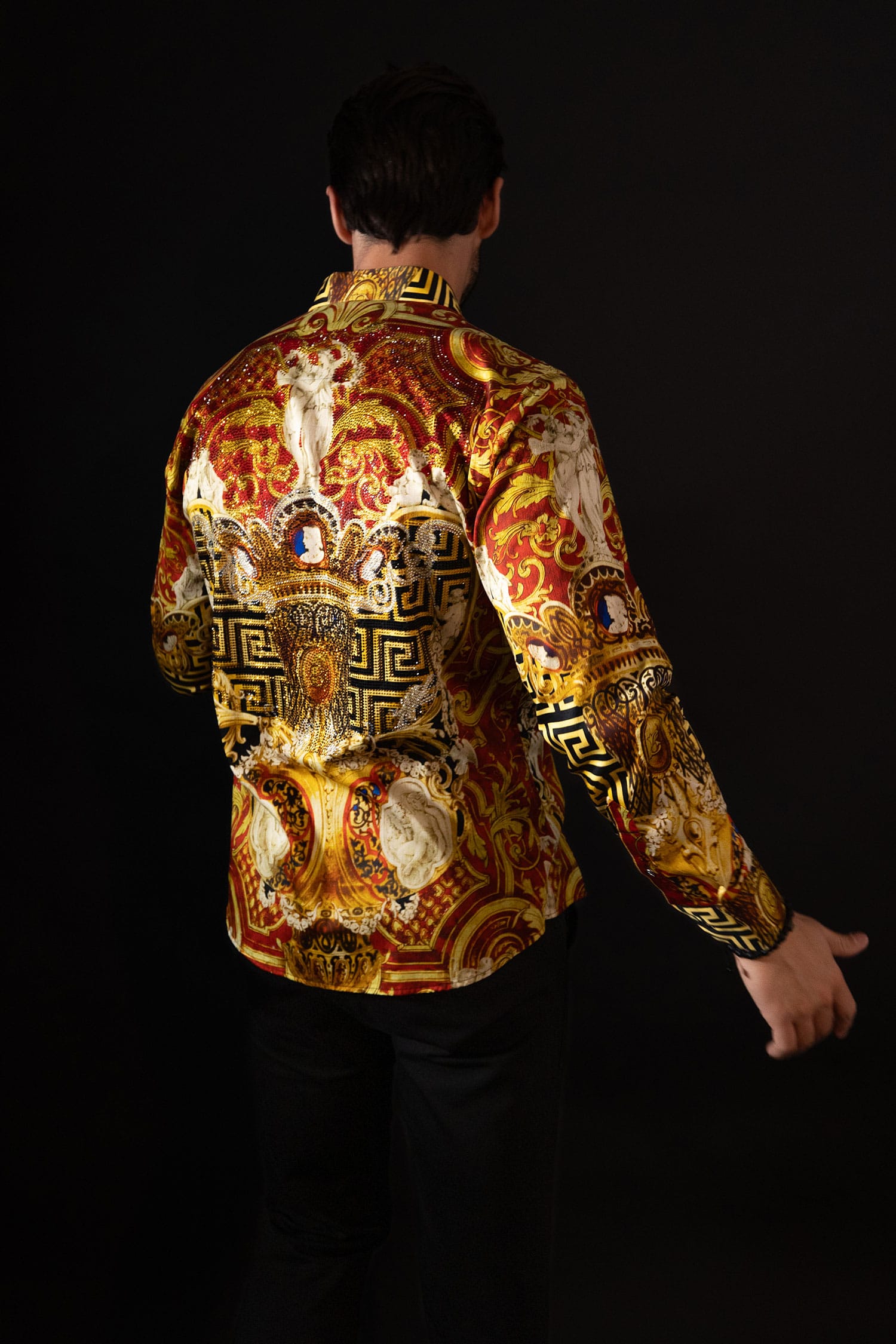 BARABAS Men's Rhinestone Angles Greek Pattern Crown Shirts 2SPR28