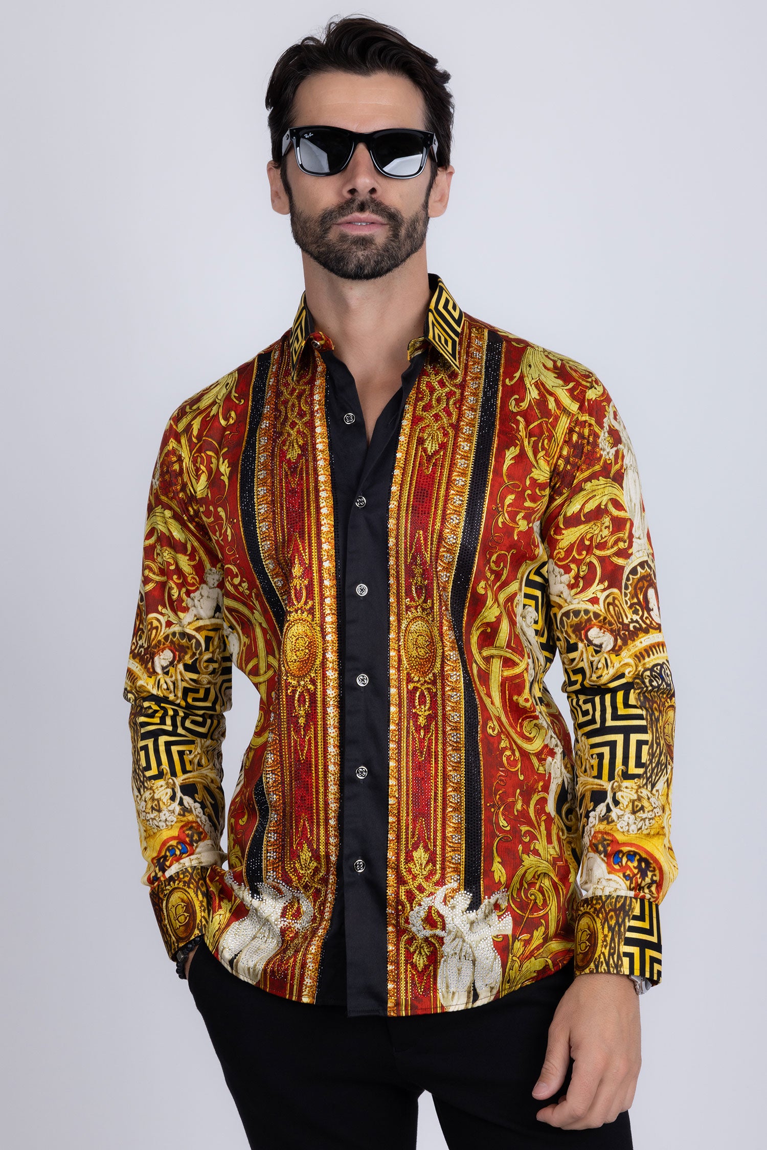 BARABAS Men's Rhinestone Angles Greek Pattern Crown Shirts 2SPR28