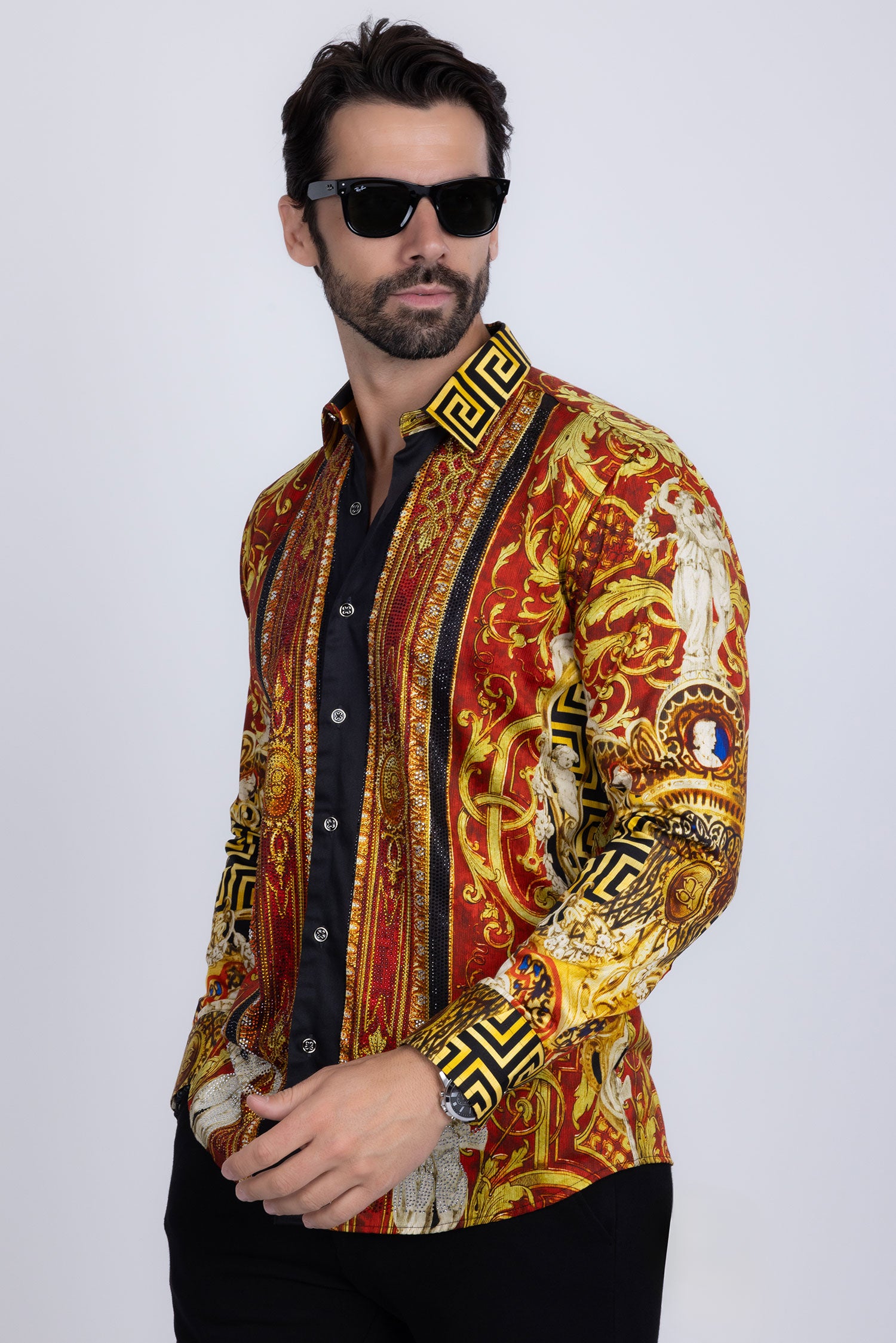 BARABAS Men's Rhinestone Angles Greek Pattern Crown Shirts 2SPR28