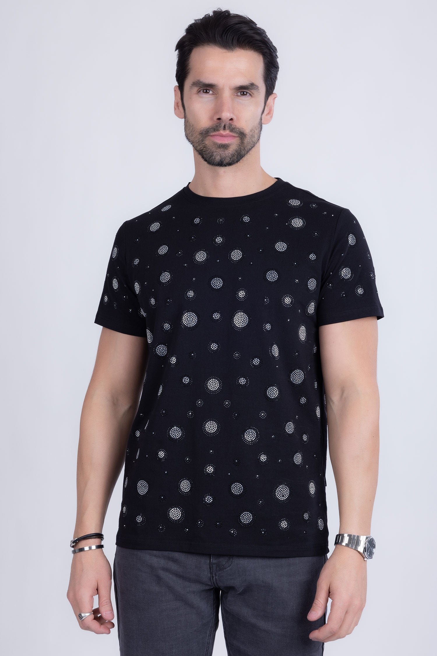 Barabas Men's Diamond Round Shape Stones Prints Graphic Shirts 2STR4 Black Silver
