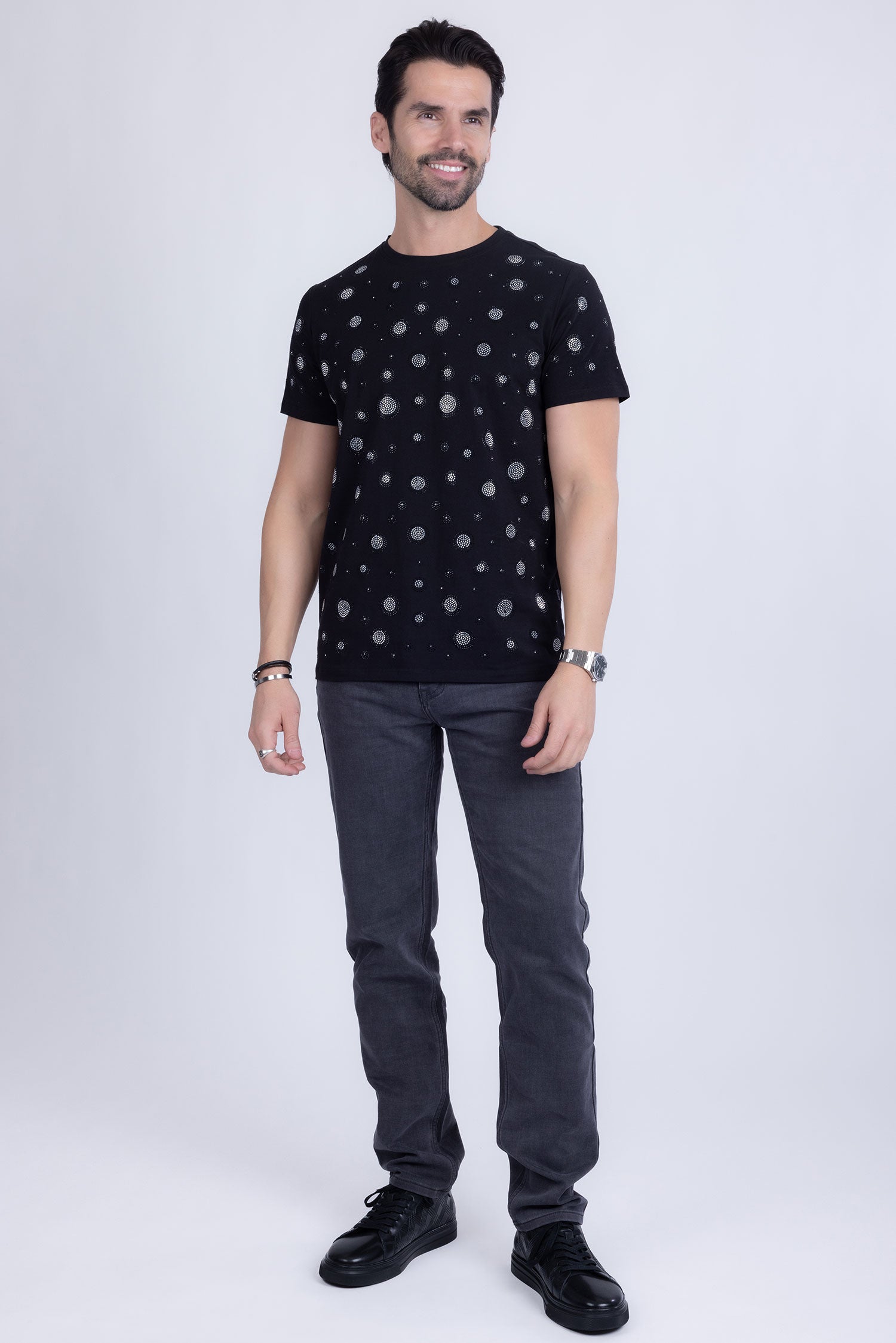 Barabas Men's Diamond Round Shape Stones Prints Graphic Shirts 2STR4 Black Silver