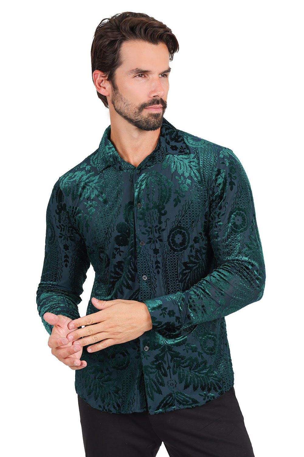 BARABAS Men's Floral Paisley See Through Long Sleeve Shirt 2SVL02 Green