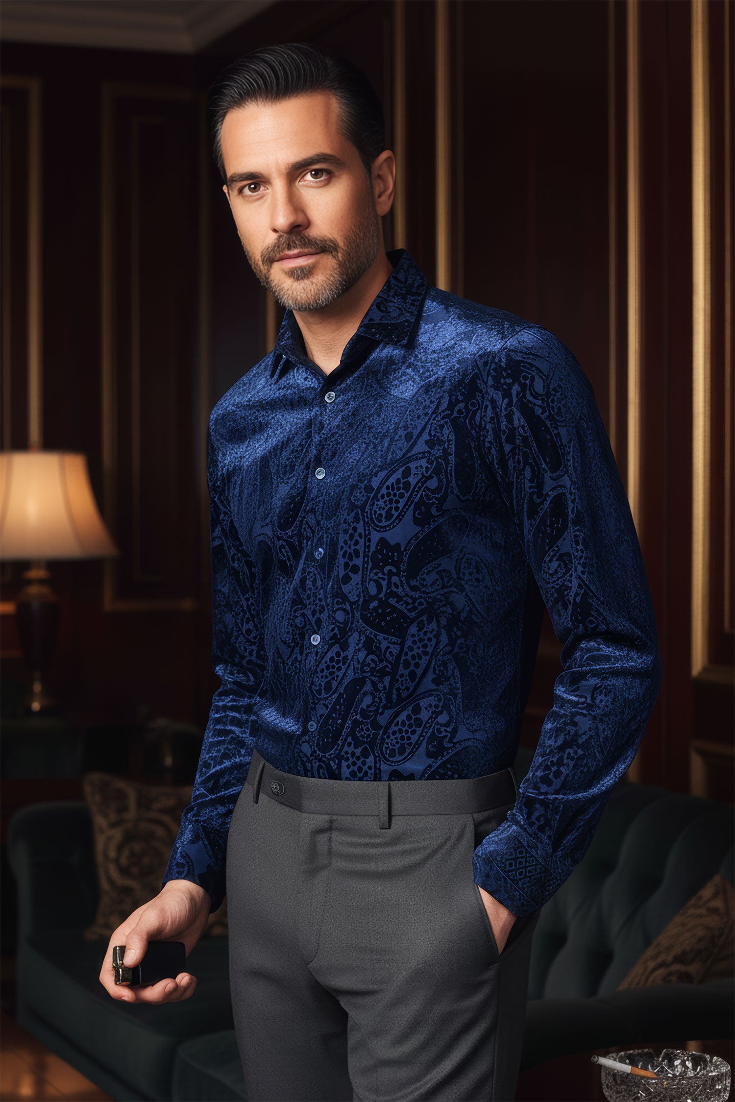 BARABAS Men's Paisley Long Sleeve Button Down Shirt 2SVL07 Navy