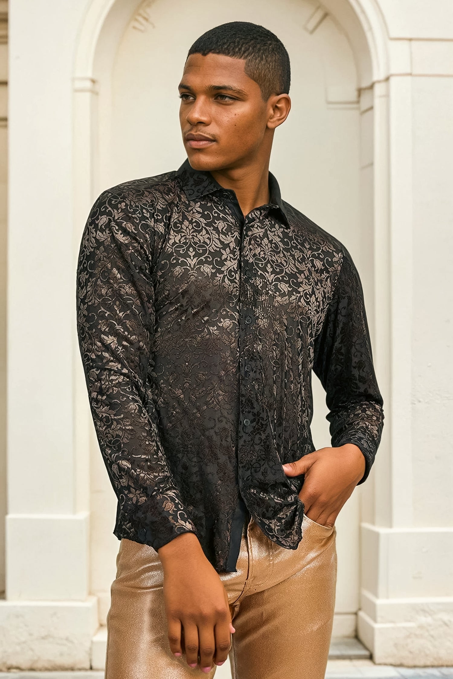 BARABAS Men's Floral Vines See Through Long Sleeve Shirt 2SVL08 Black Gold