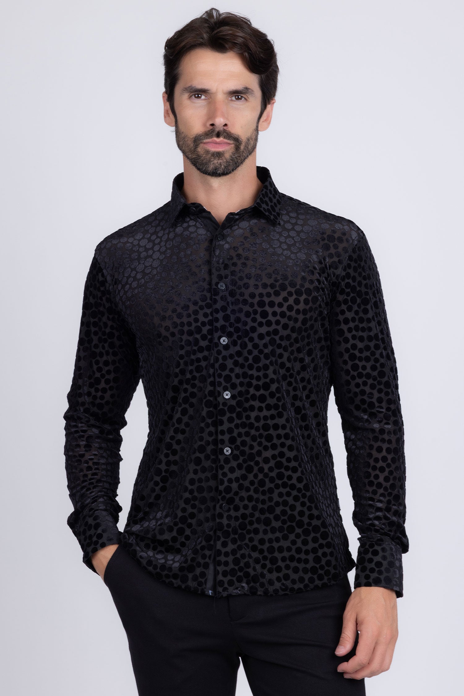 BARABAS Men's Polka Dotted See Through Long Sleeve Shirt 2SVL11 Black