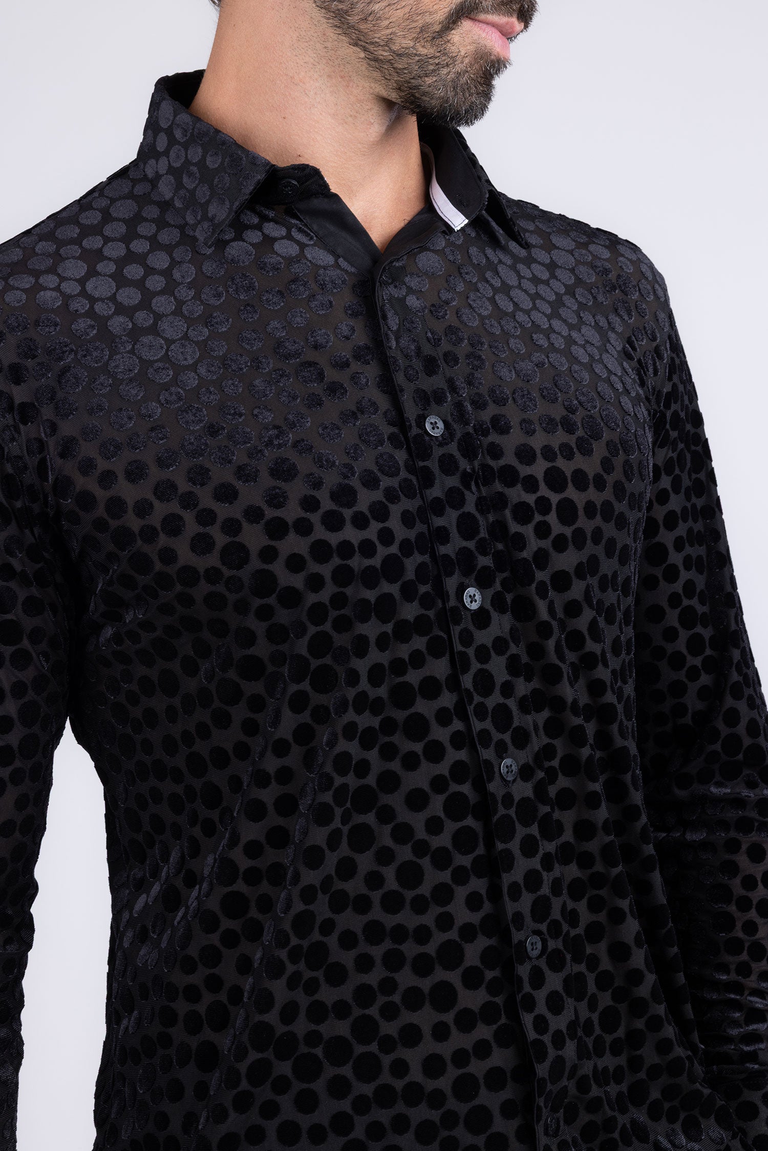 BARABAS Men's Polka Dotted See Through Long Sleeve Shirt 2SVL11 Black