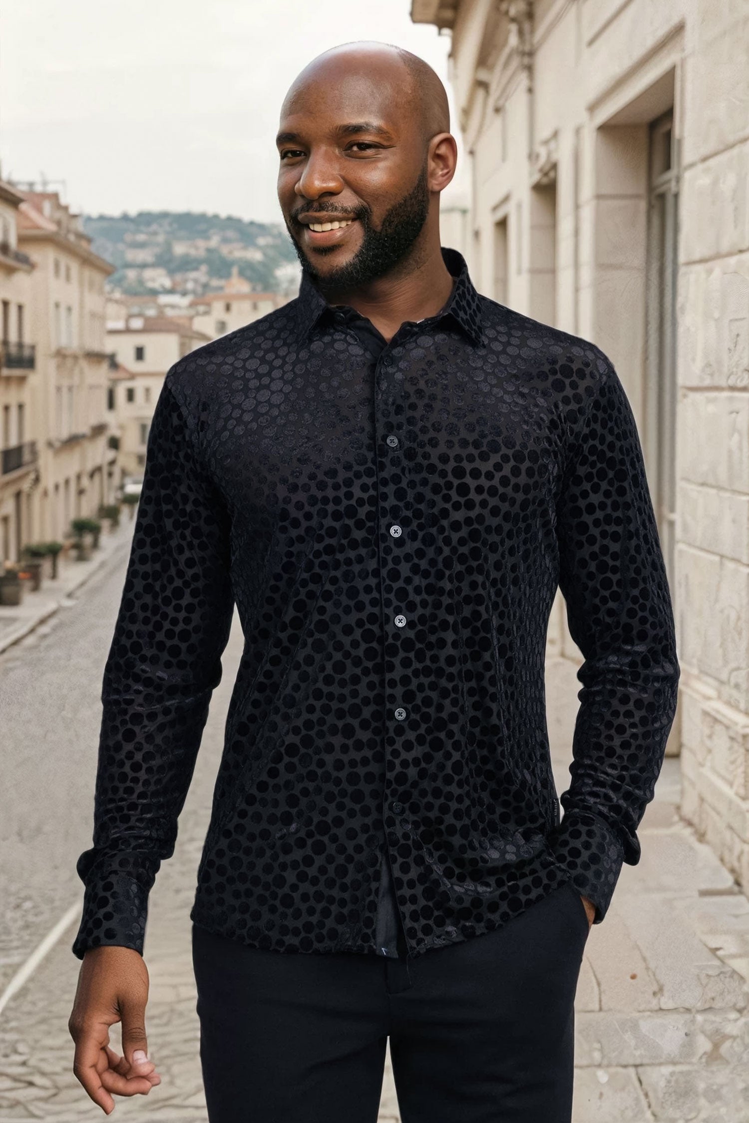BARABAS Men's Polka Dotted See Through Long Sleeve Shirt 2SVL11 Black