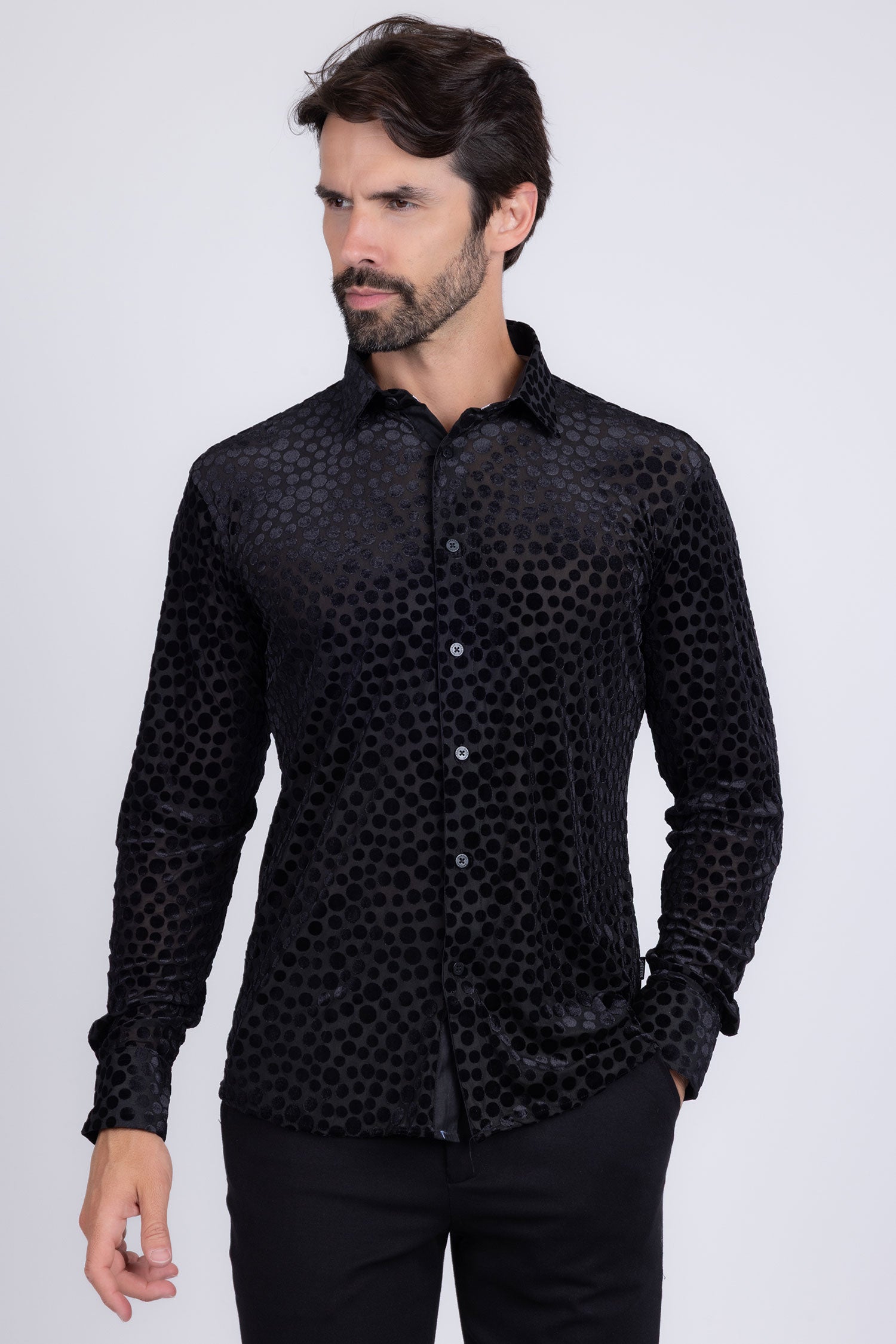 BARABAS Men's Polka Dotted See Through Long Sleeve Shirt 2SVL11 Black