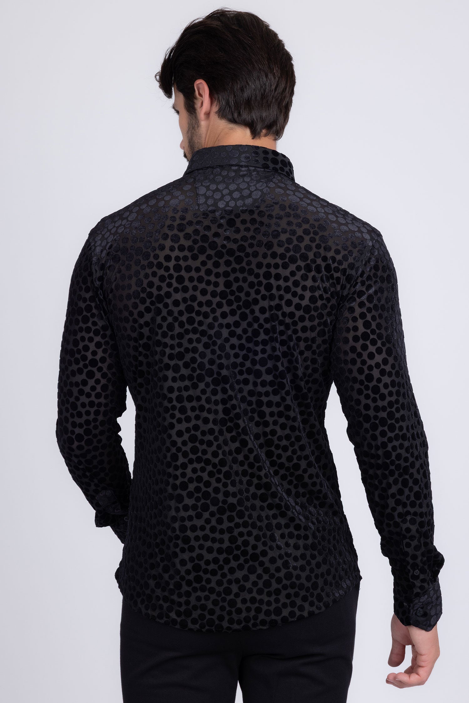 BARABAS Men's Polka Dotted See Through Long Sleeve Shirt 2SVL11 Black