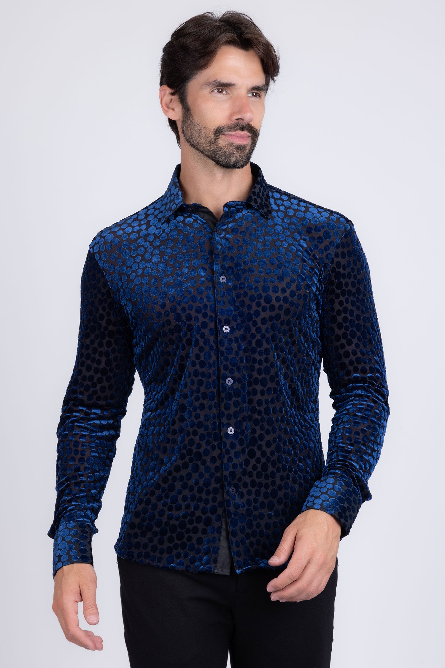 BARABAS Men's Polka Dotted See Through Long Sleeve Shirt 2SVL11 Navy