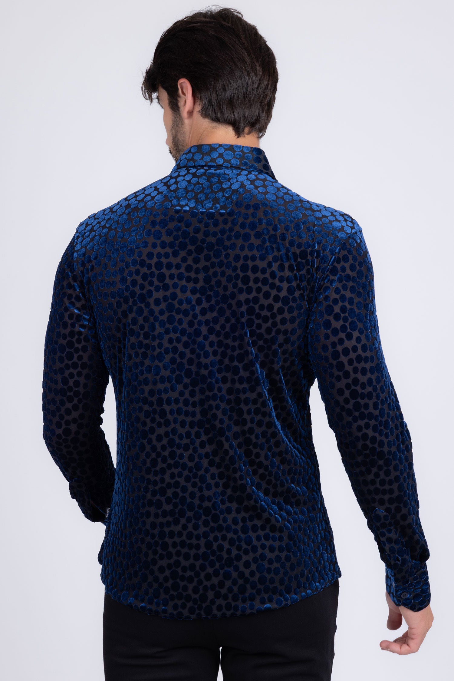 BARABAS Men's Polka Dotted See Through Long Sleeve Shirt 2SVL11 Navy