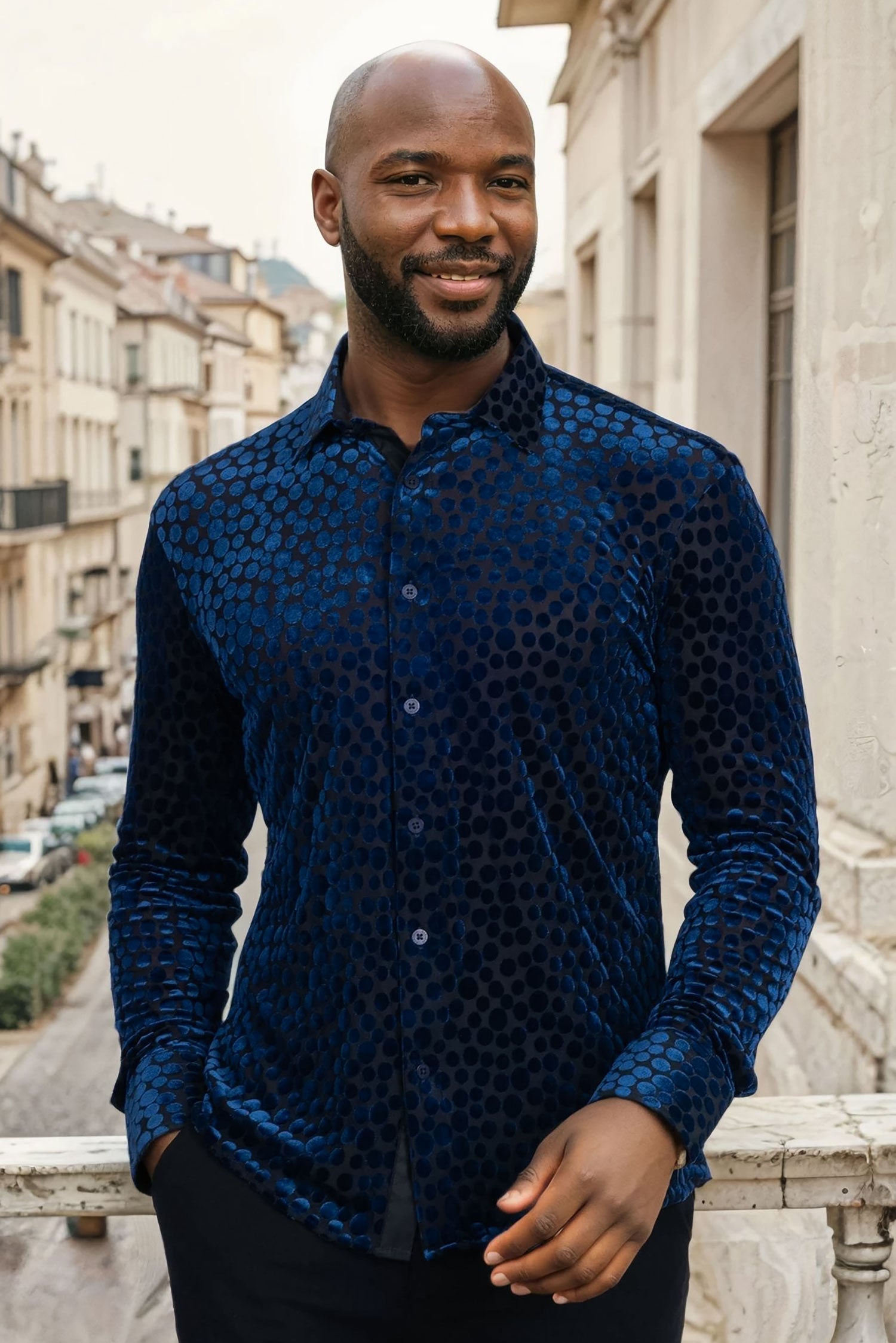 BARABAS Men's Polka Dotted See Through Long Sleeve Shirt 2SVL11 Navy