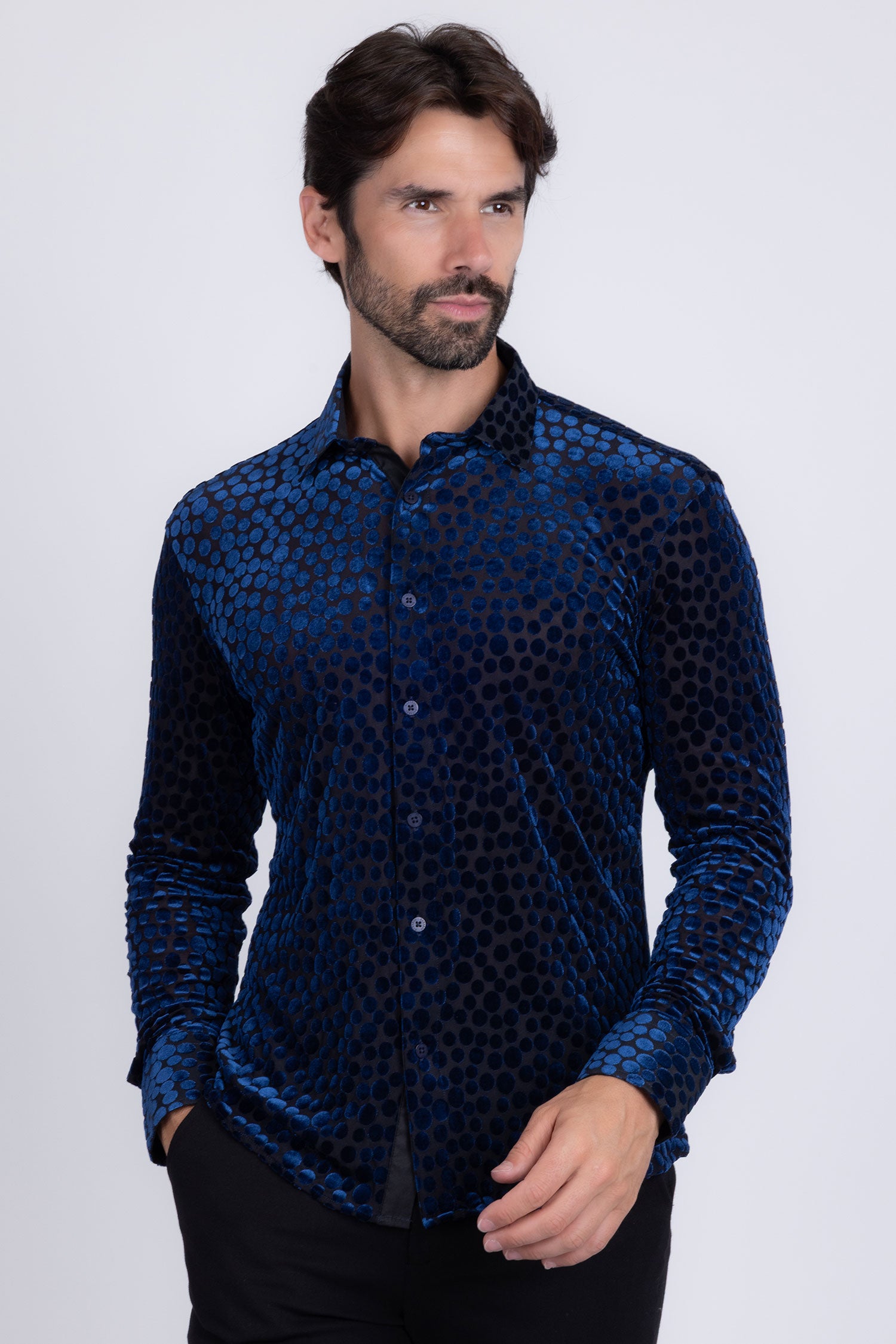 BARABAS Men's Polka Dotted See Through Long Sleeve Shirt 2SVL11 Navy