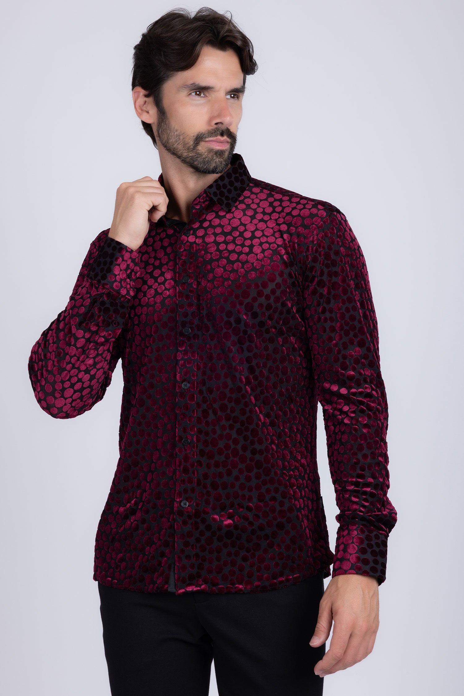 BARABAS Men's Polka Dotted See Through Long Sleeve Shirt 2SVL11 Wine
