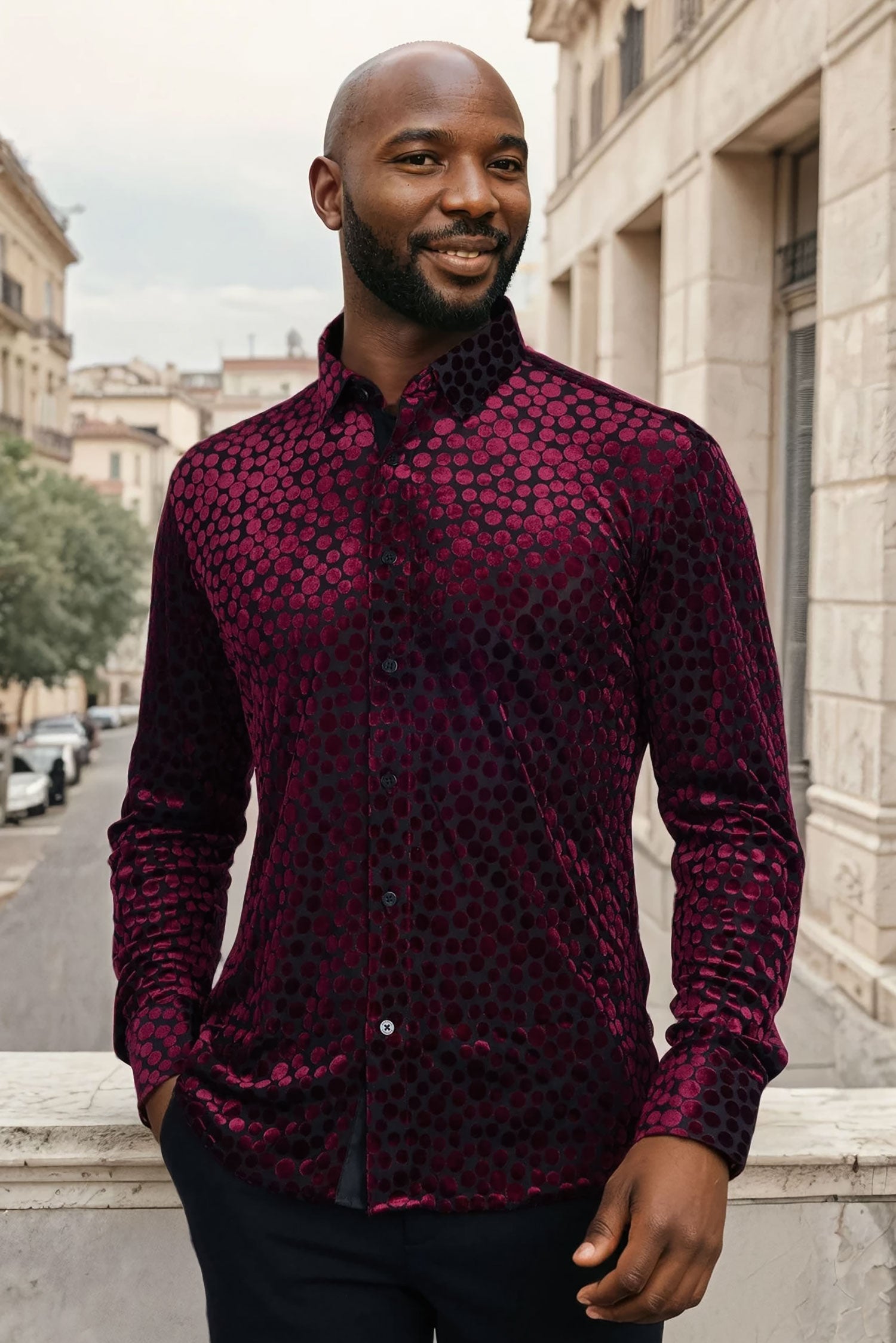 BARABAS Men's Polka Dotted See Through Long Sleeve Shirt 2SVL11 Wine