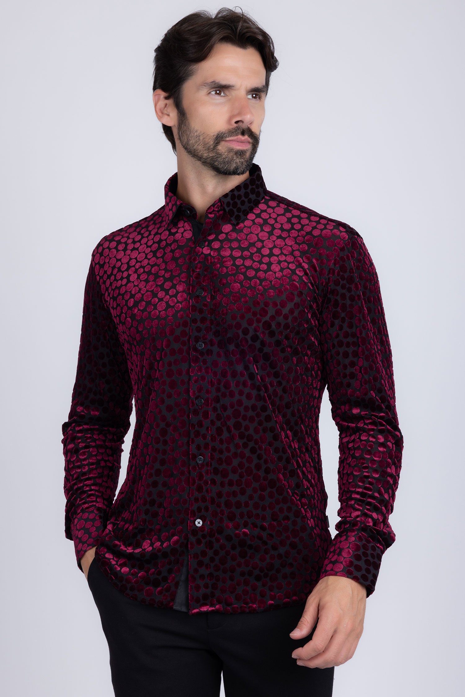 BARABAS Men's Polka Dotted See Through Long Sleeve Shirt 2SVL11 Wine