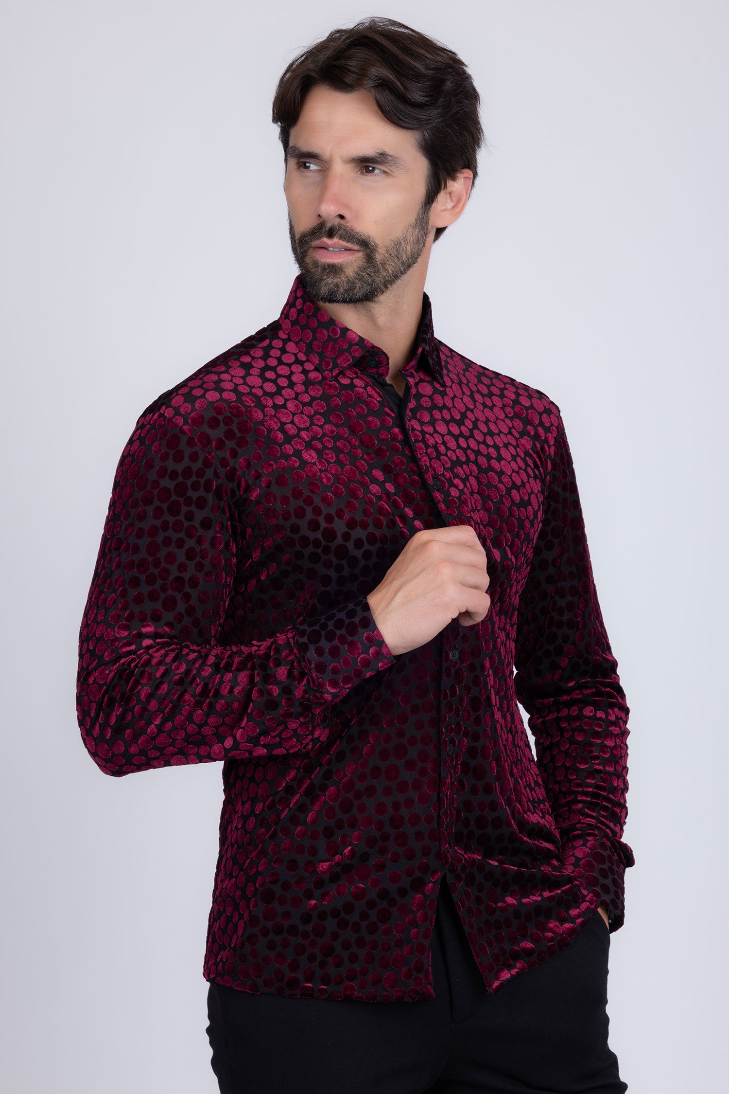 BARABAS Men's Polka Dotted See Through Long Sleeve Shirt 2SVL11 Wine