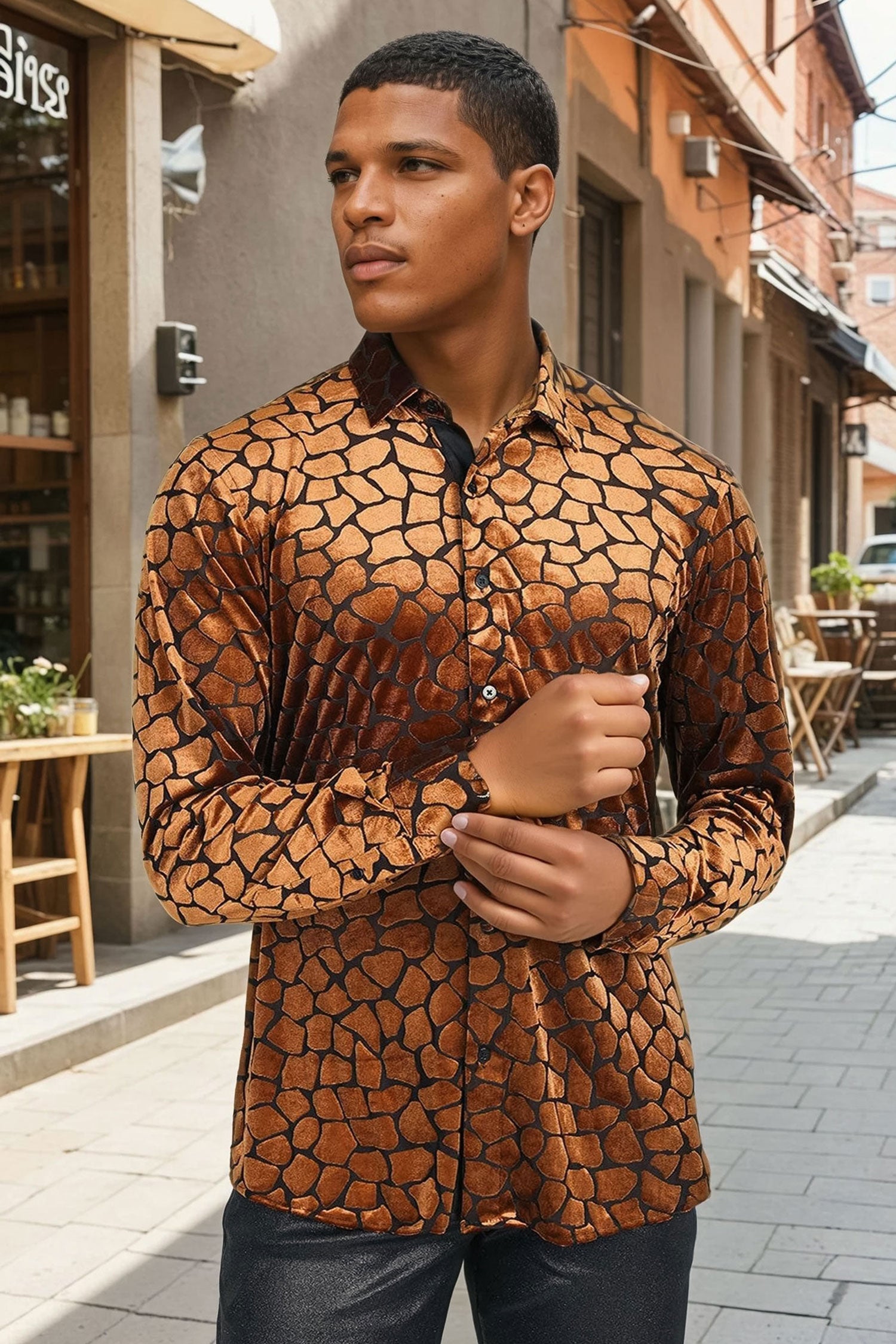 BARABAS Men's Rock Formation Long Sleeve Button Down Shirt 2SVL12 Gold
