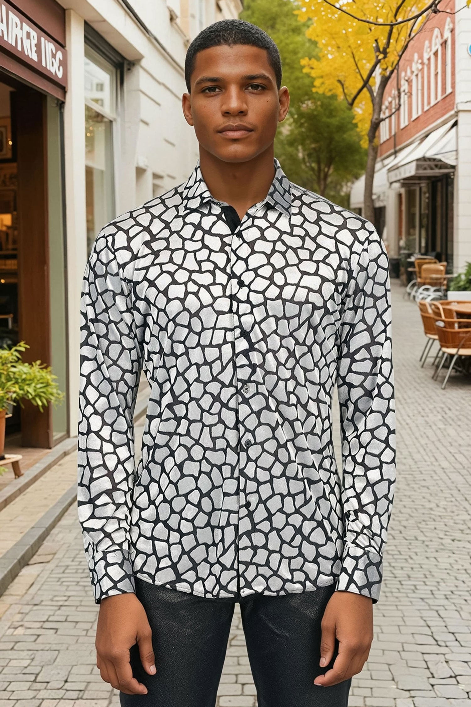 BARABAS Men's See Through Geometric Long Sleeve Shirt 2SVL12 Black