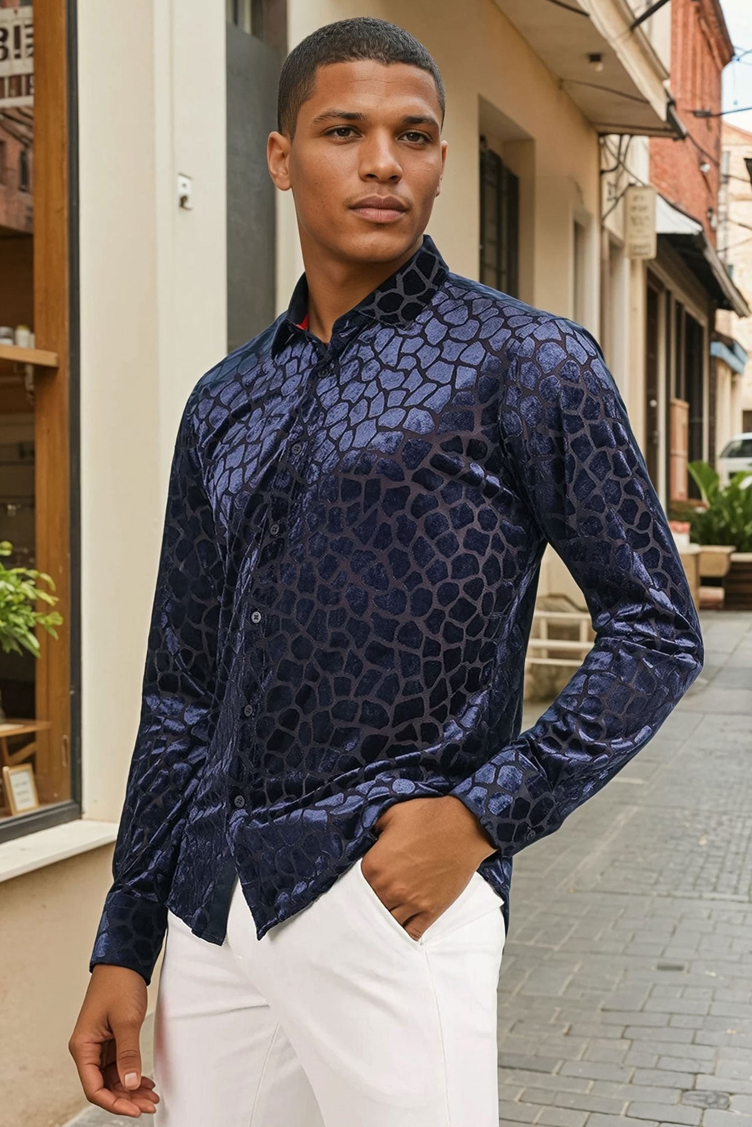 BARABAS Men's Rock Formation Long Sleeve Button Down Shirt 2SVL12 navy