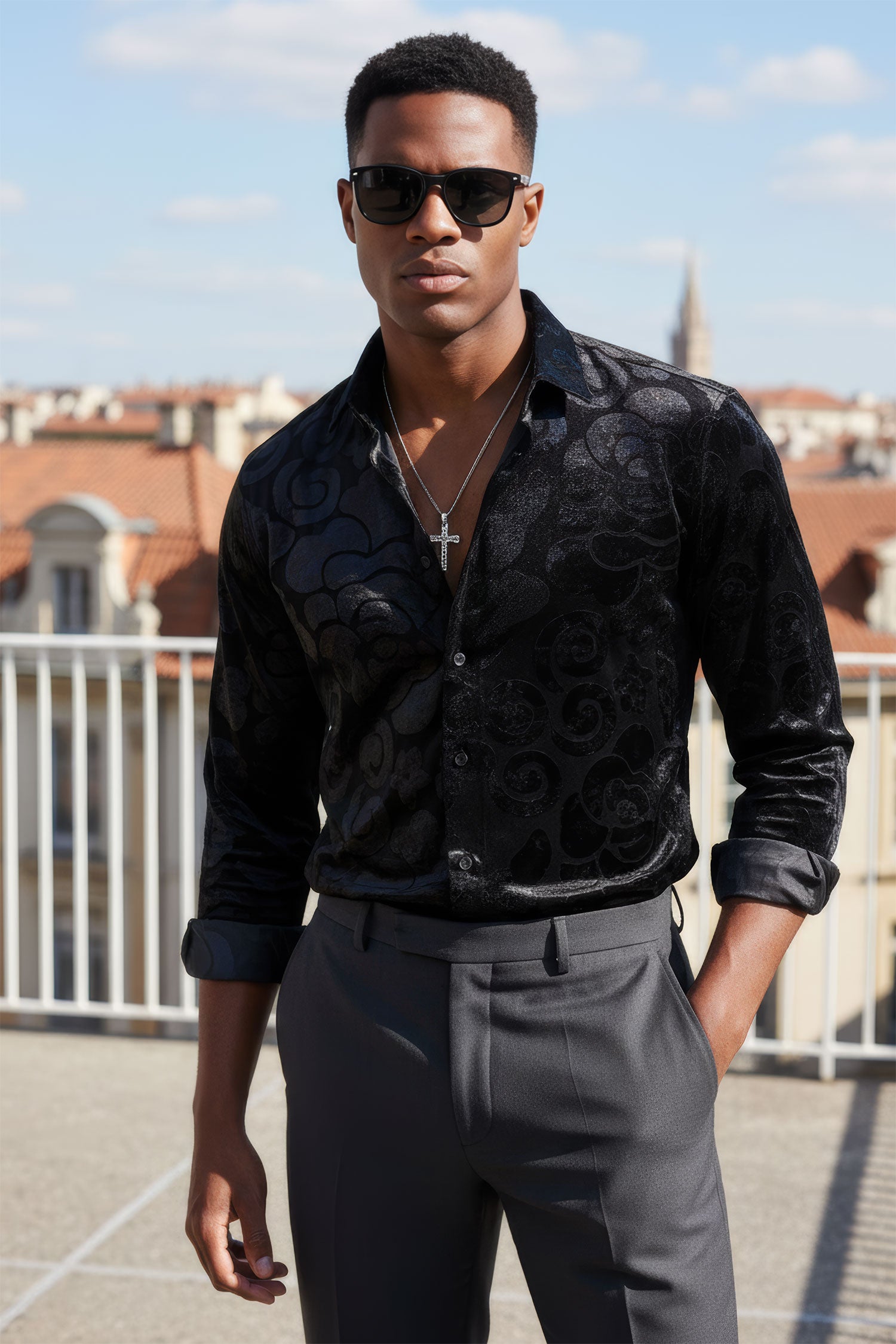 BARABAS Men's See Through Floral Long Sleeve Button Down Shirt 2SVL14 Black