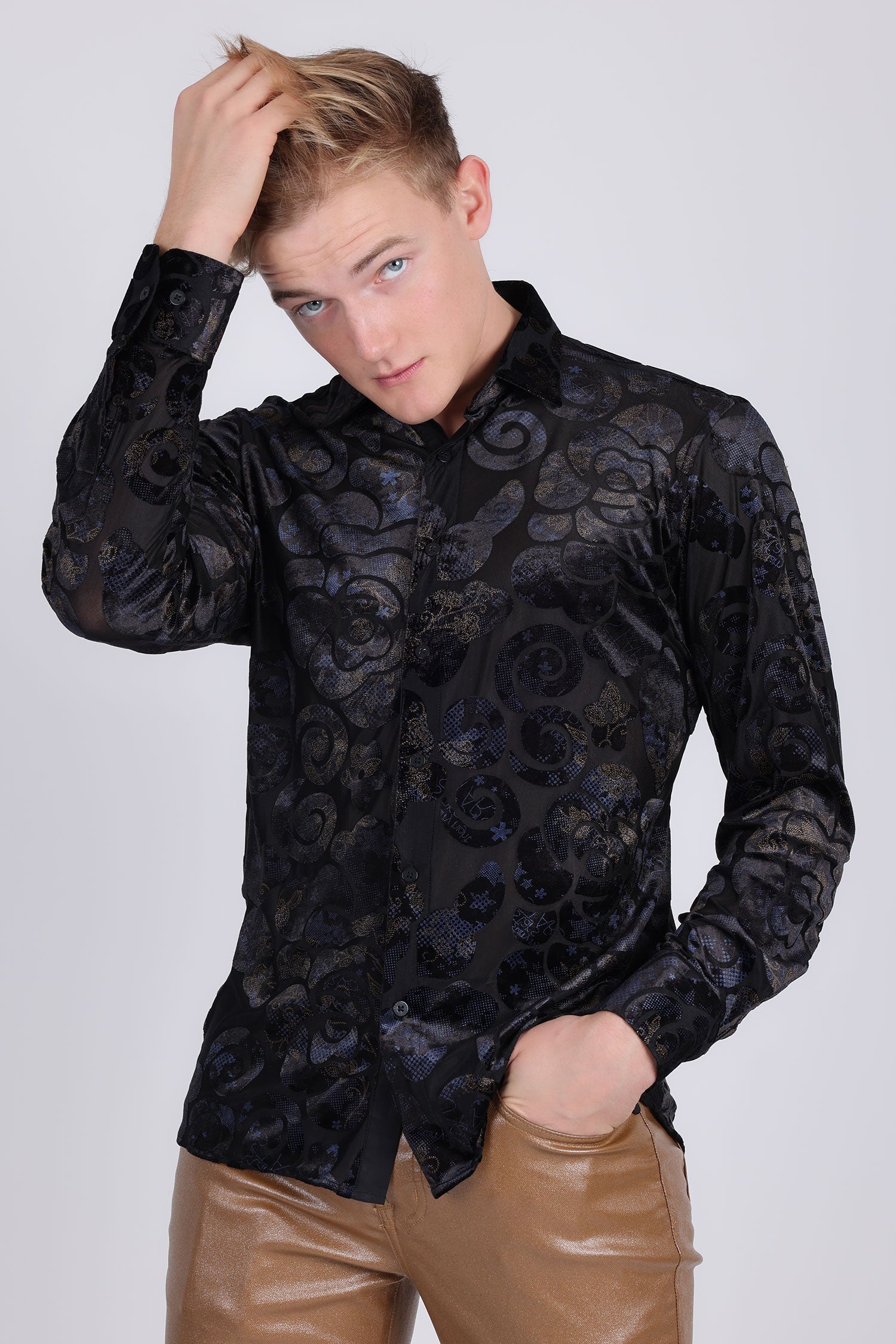 BARABAS Men's See Through Floral Long Sleeve Button Down Shirt 2SVL14 Black