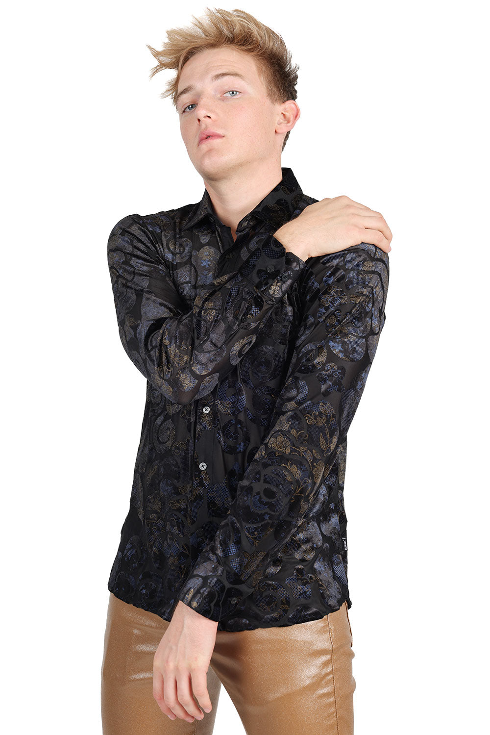 BARABAS Men's See Through Floral Long Sleeve Button Down Shirt 2SVL14
