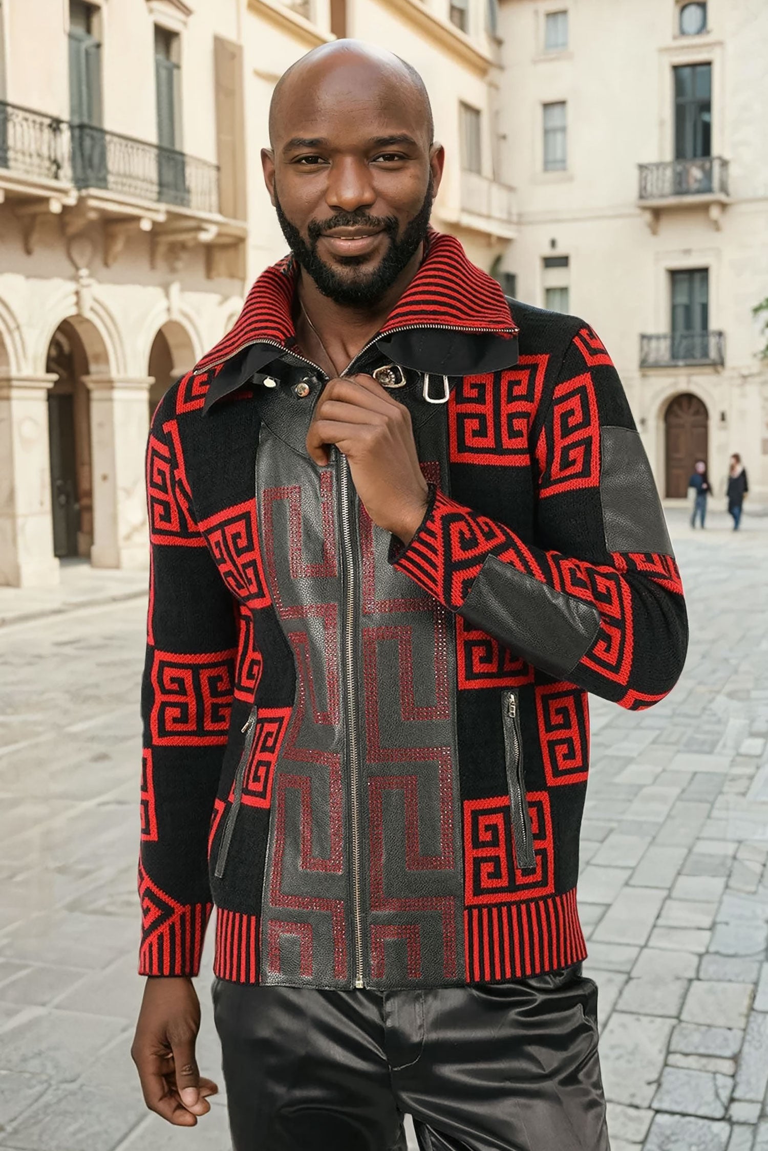 Barabas Men's Greek Key Print Rhinestone Leather Winter Jacket 2SWZ2 Red Black