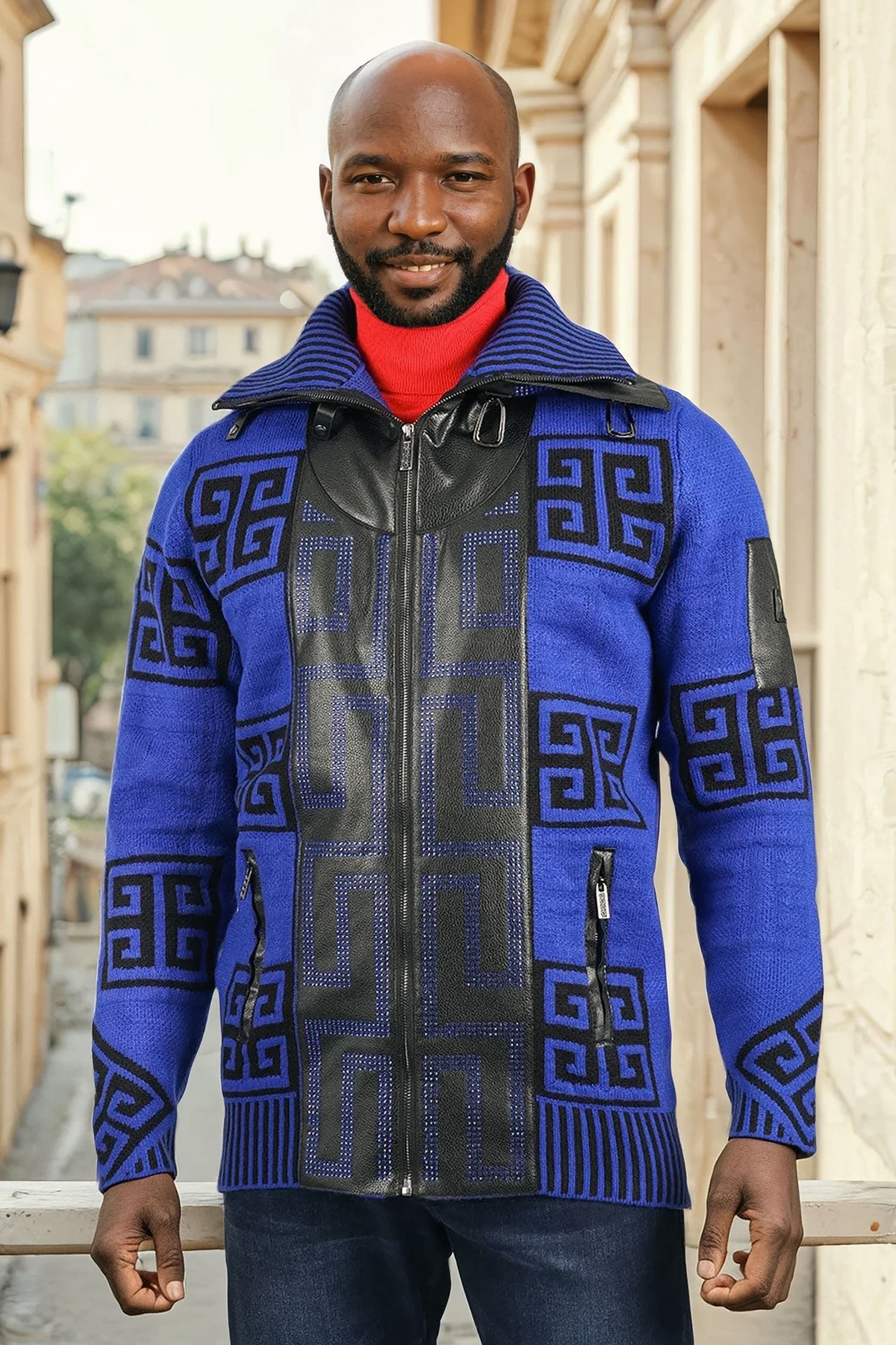 Barabas Men's Greek Key Print Front Faux Leather Winter Jacket 2SWZ2 Royal