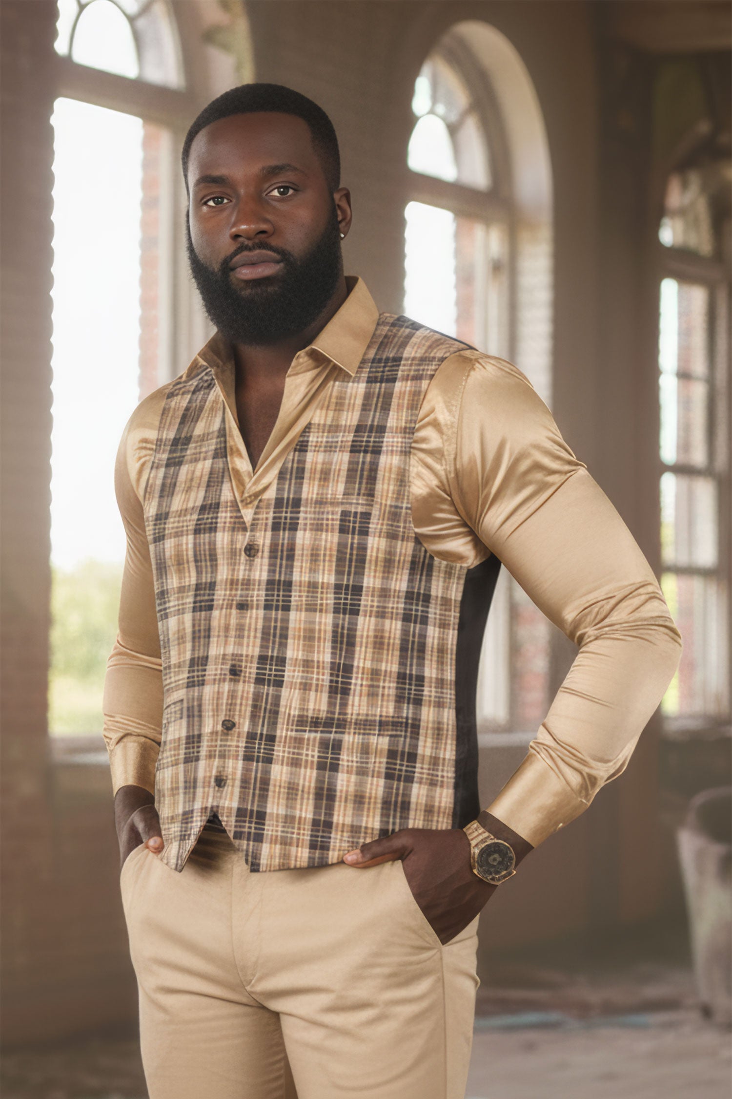 Barabas Men's Rhinestone Plaid Checkered Dress Slim Fit Vests 2VP210 Camel