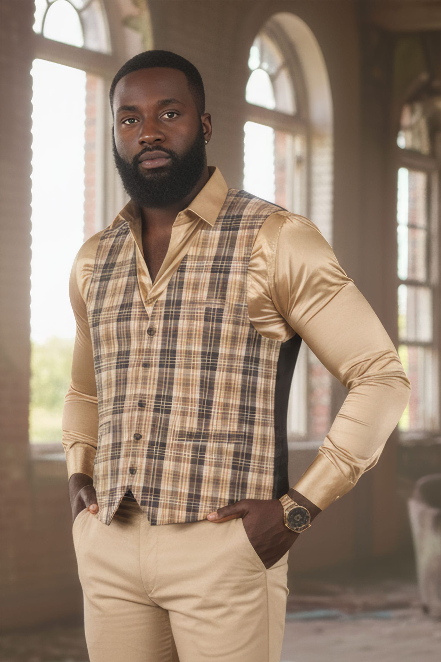 Barabas Men's Rhinestone Plaid Checkered Dress Slim Fit Vests 2VP210 Camel