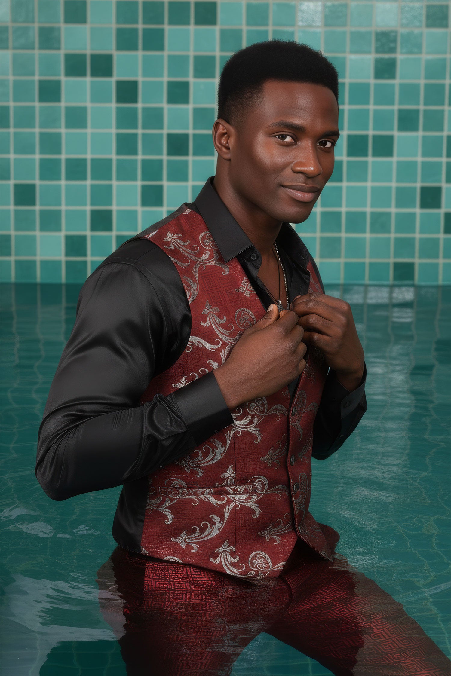 Barabas Men's Greek Key Pattern Floral Print Luxury Dress Vest 2VP3102 Red