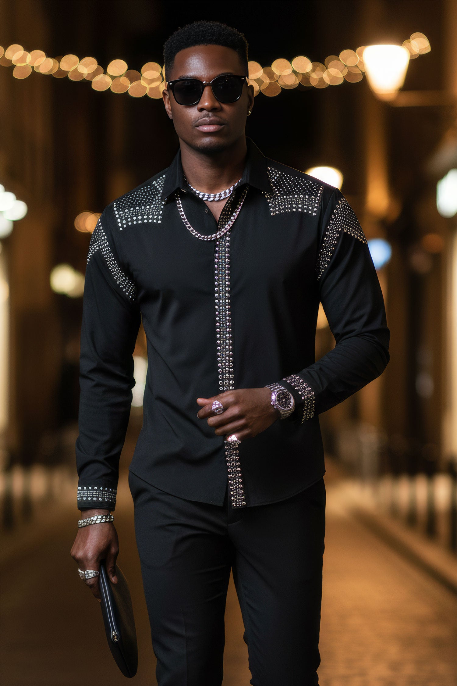 Barabas Men's Studded Premium Solid Long Sleeve Shirts 3B24 Black Silver