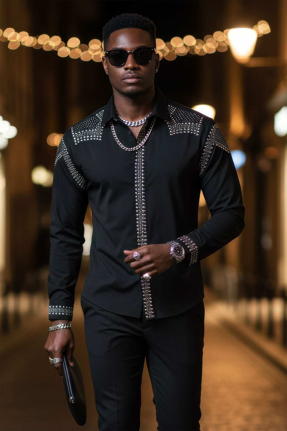 Barabas Men's Studded Premium Solid Long Sleeve Shirts 3B24 Black Silver