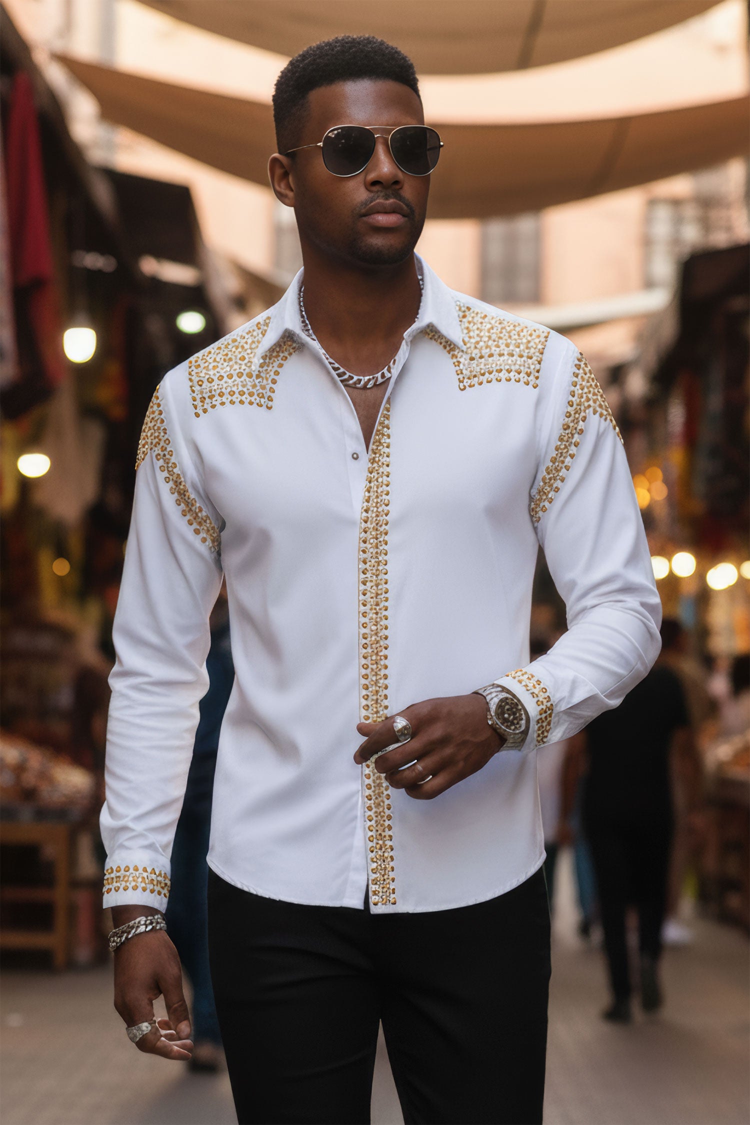 Barabas Men's Studded Premium Solid Long Sleeve Shirts 3B24 White gold