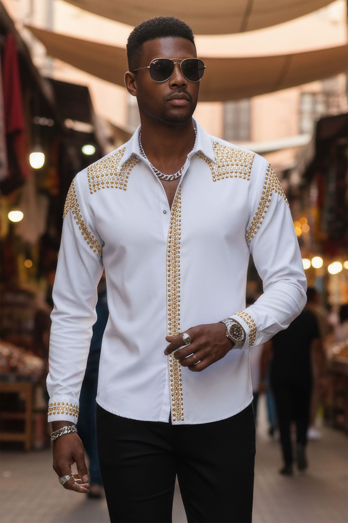 Barabas Men's Studded Premium Solid Long Sleeve Shirts 3B24 White gold