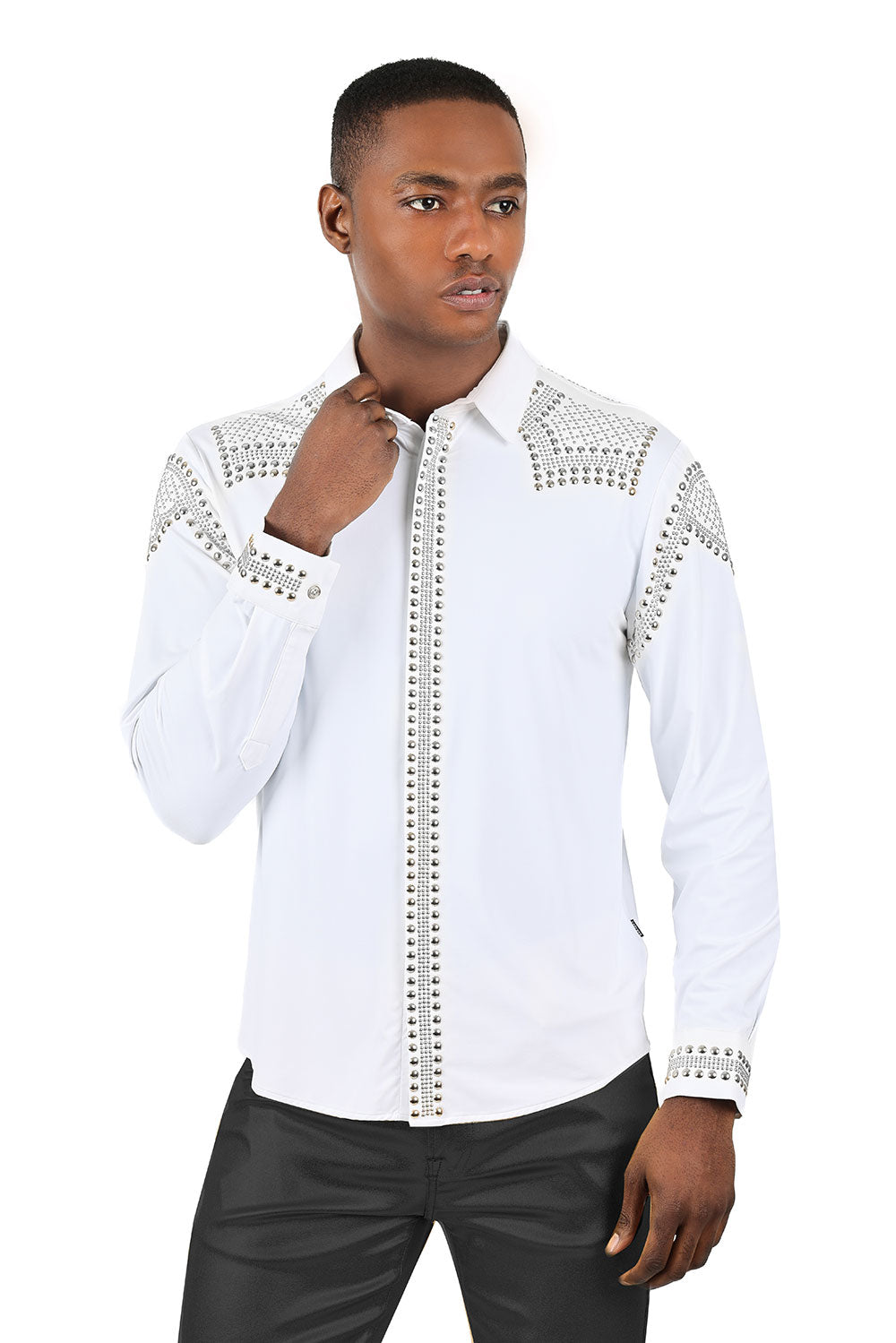 Barabas Men's Studded Premium Solid Long Sleeve Shirts 3B24 White